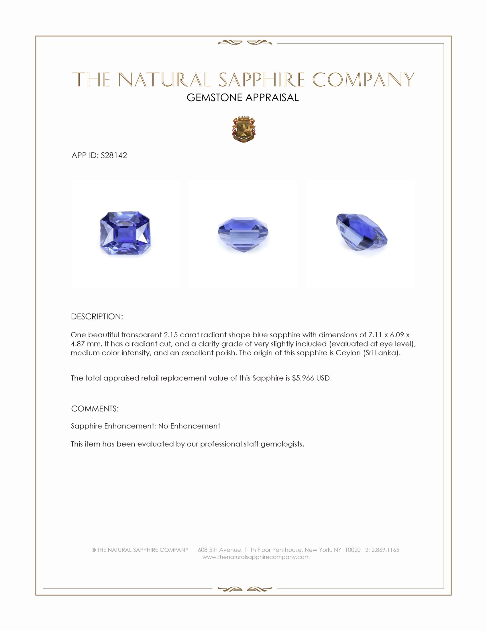 2.15 Ct. Blue Sapphire from Ceylon (Sri Lanka)