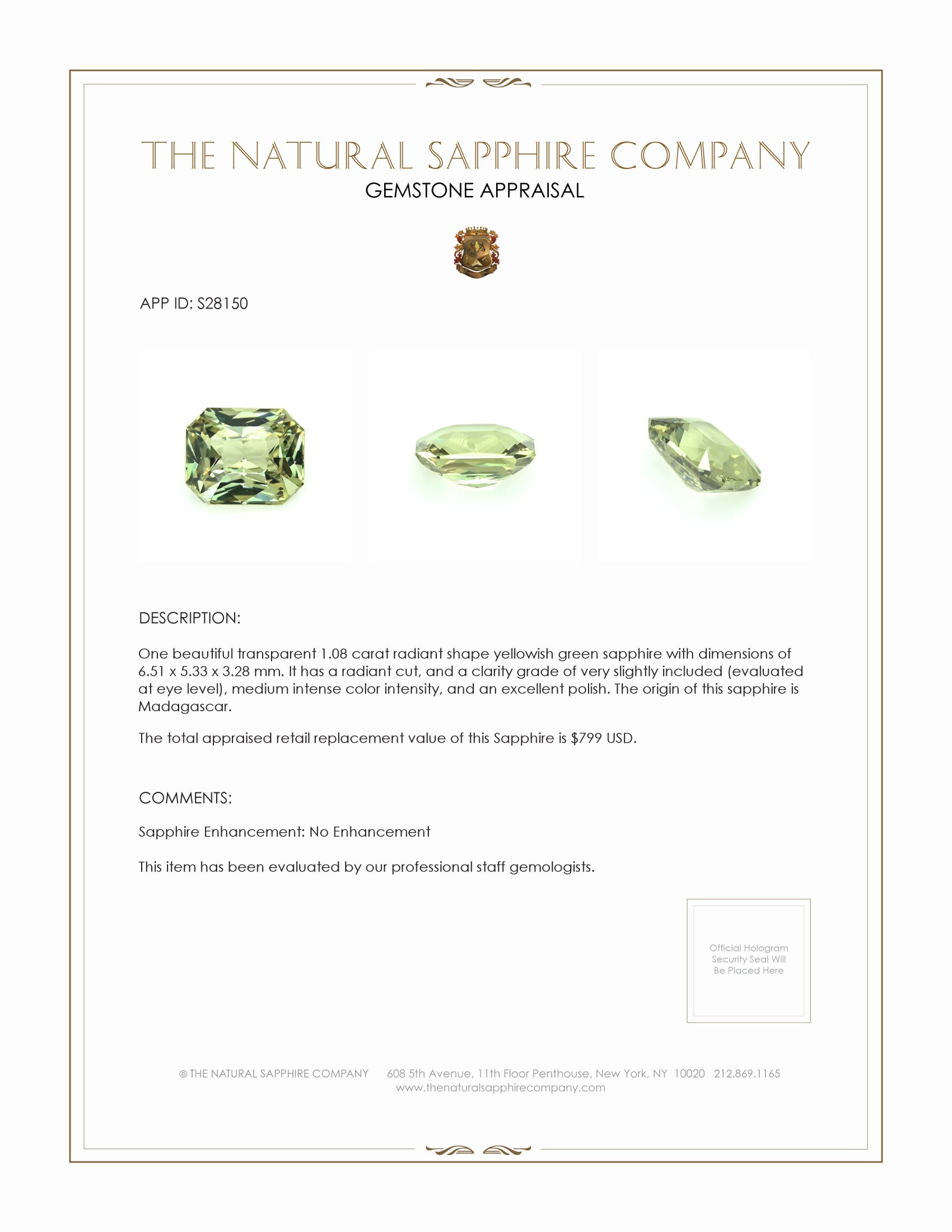 1.08 Ct. Yellowish Green Sapphire from Madagascar