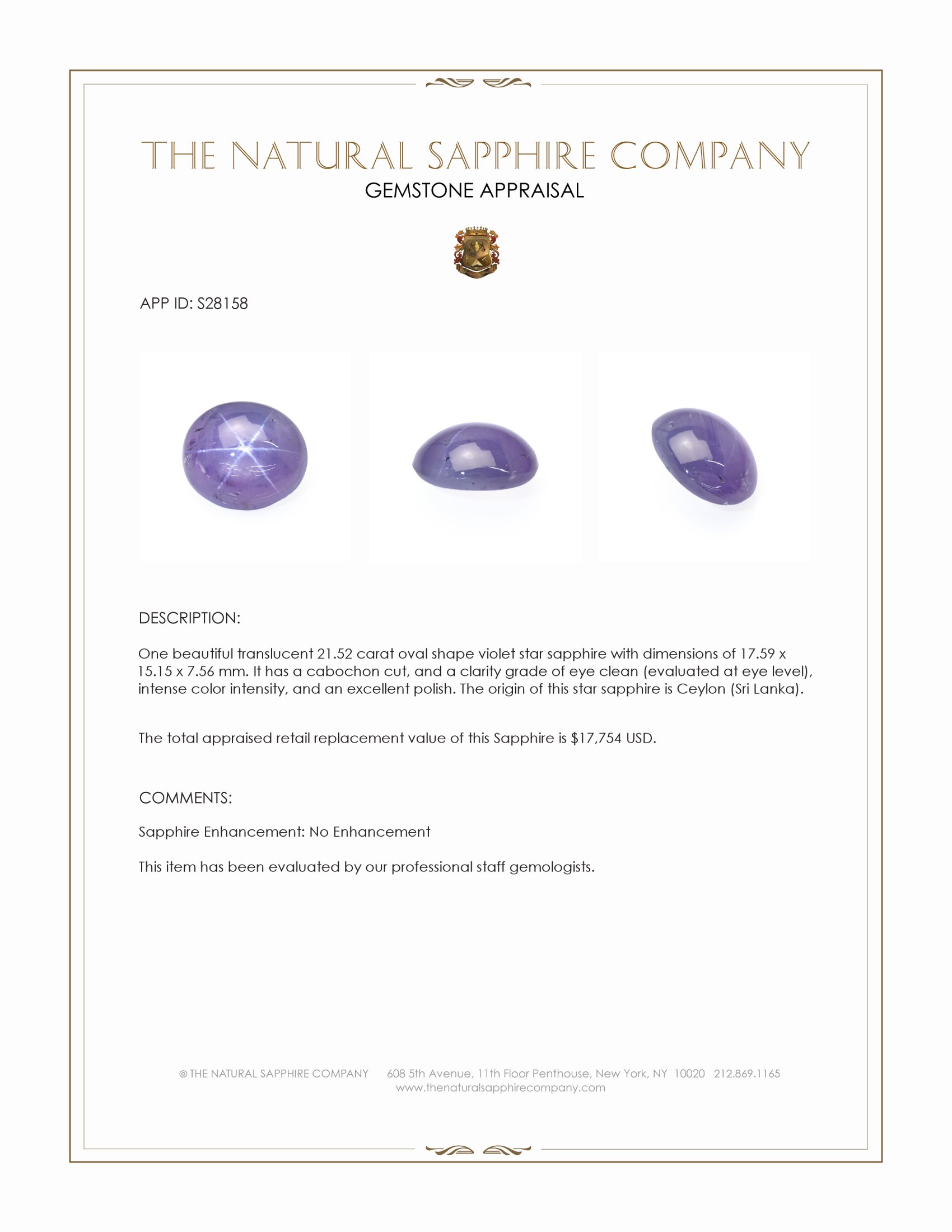 21.52 Ct. Violet Star Sapphire from Ceylon (Sri Lanka)