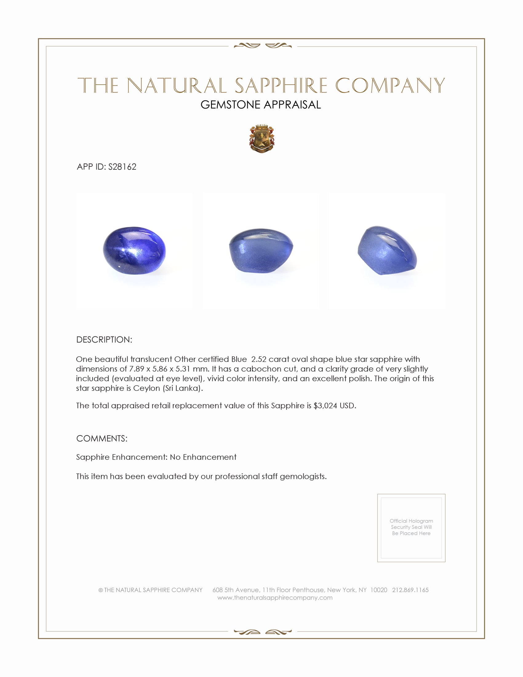 2.52 Ct. Blue Star Sapphire from Ceylon (Sri Lanka)