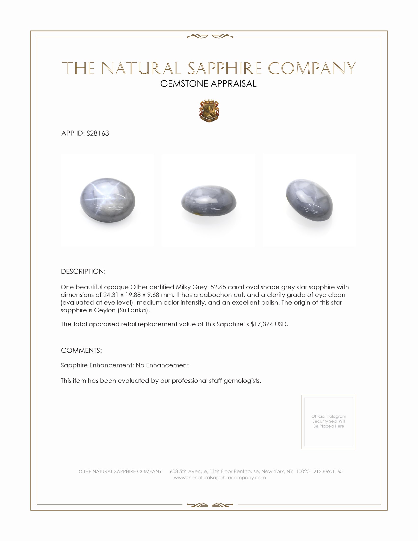 52.65 Ct. Grey Star Sapphire from Ceylon (Sri Lanka)