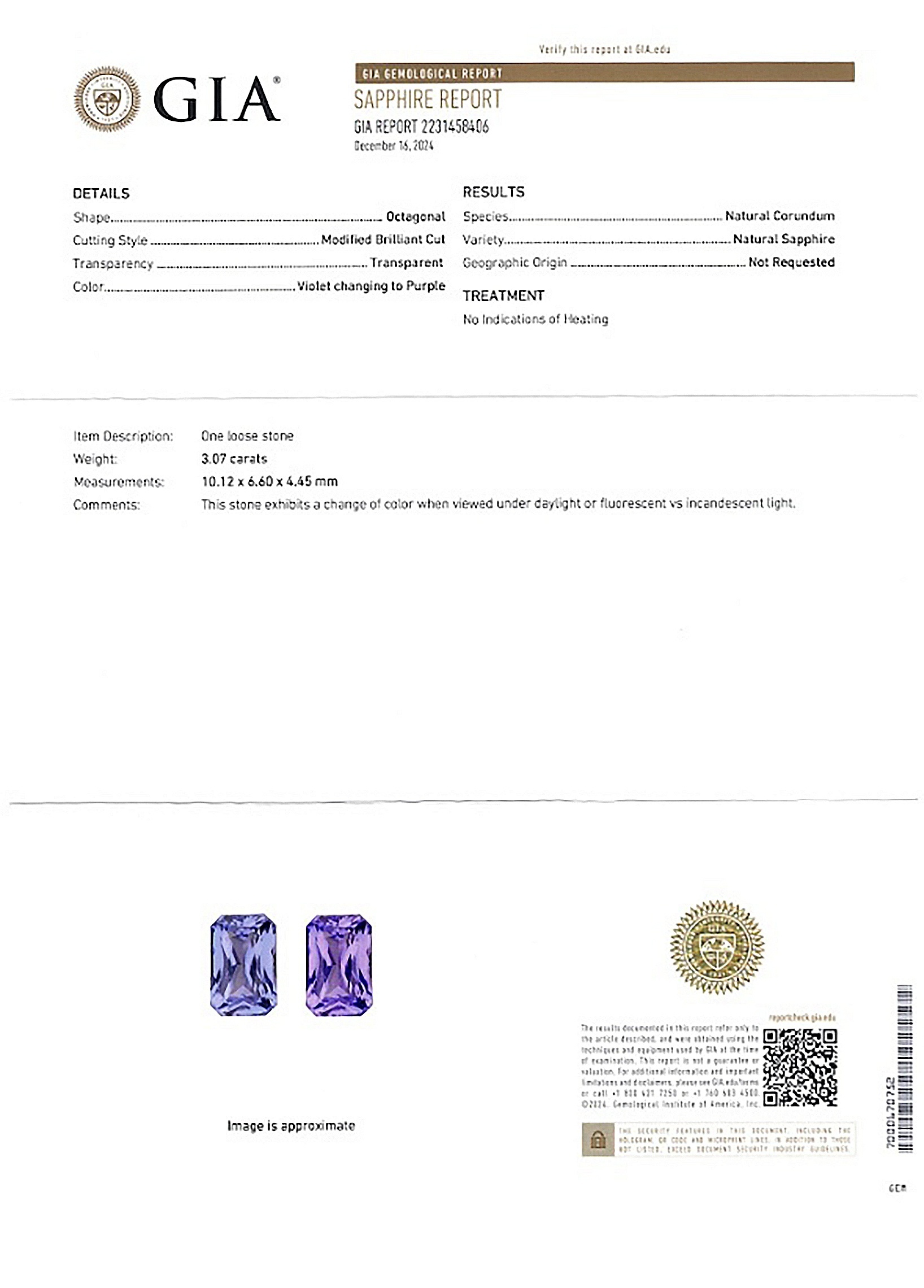 3.07 Ct. Color Change Sapphire from Ceylon (Sri Lanka)