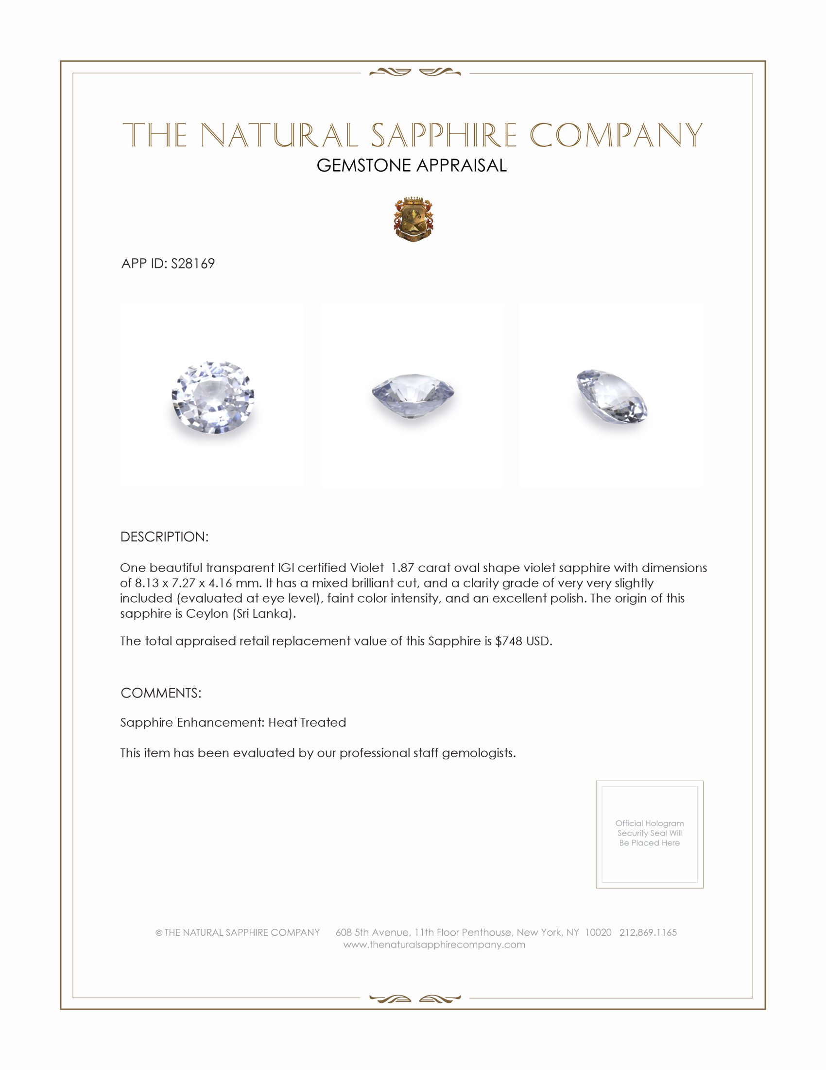 1.87 Ct. Violet Sapphire from Ceylon (Sri Lanka)