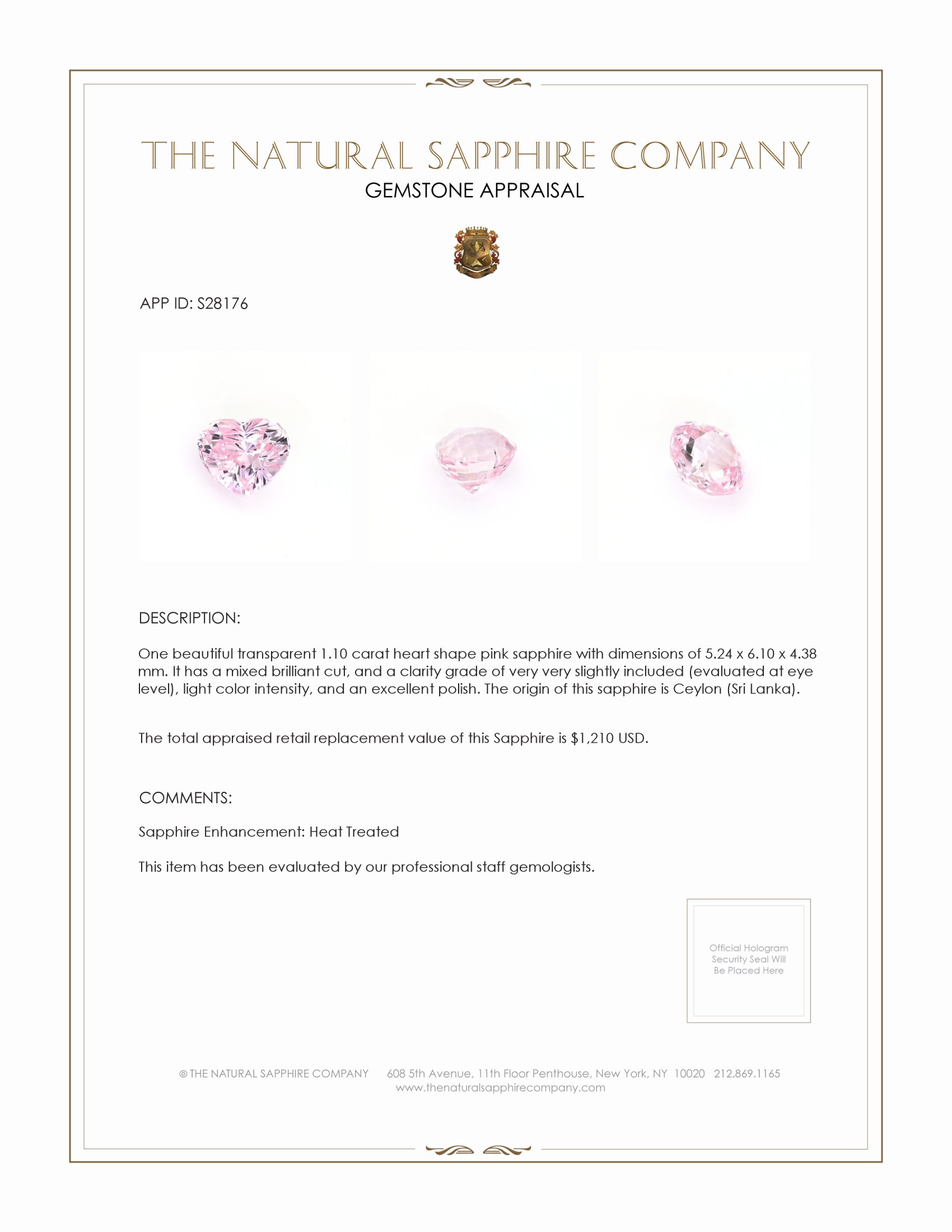 1.10 Ct. Pink Sapphire from Ceylon (Sri Lanka)