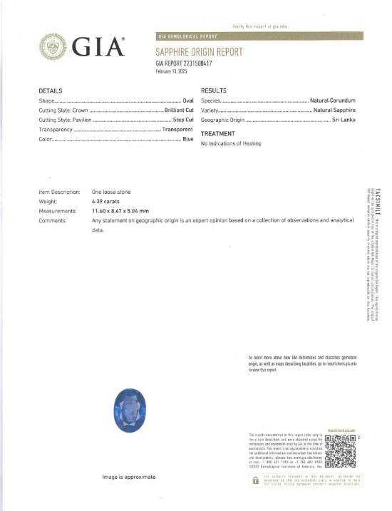 4.39 Ct. Blue Sapphire from Ceylon (Sri Lanka)