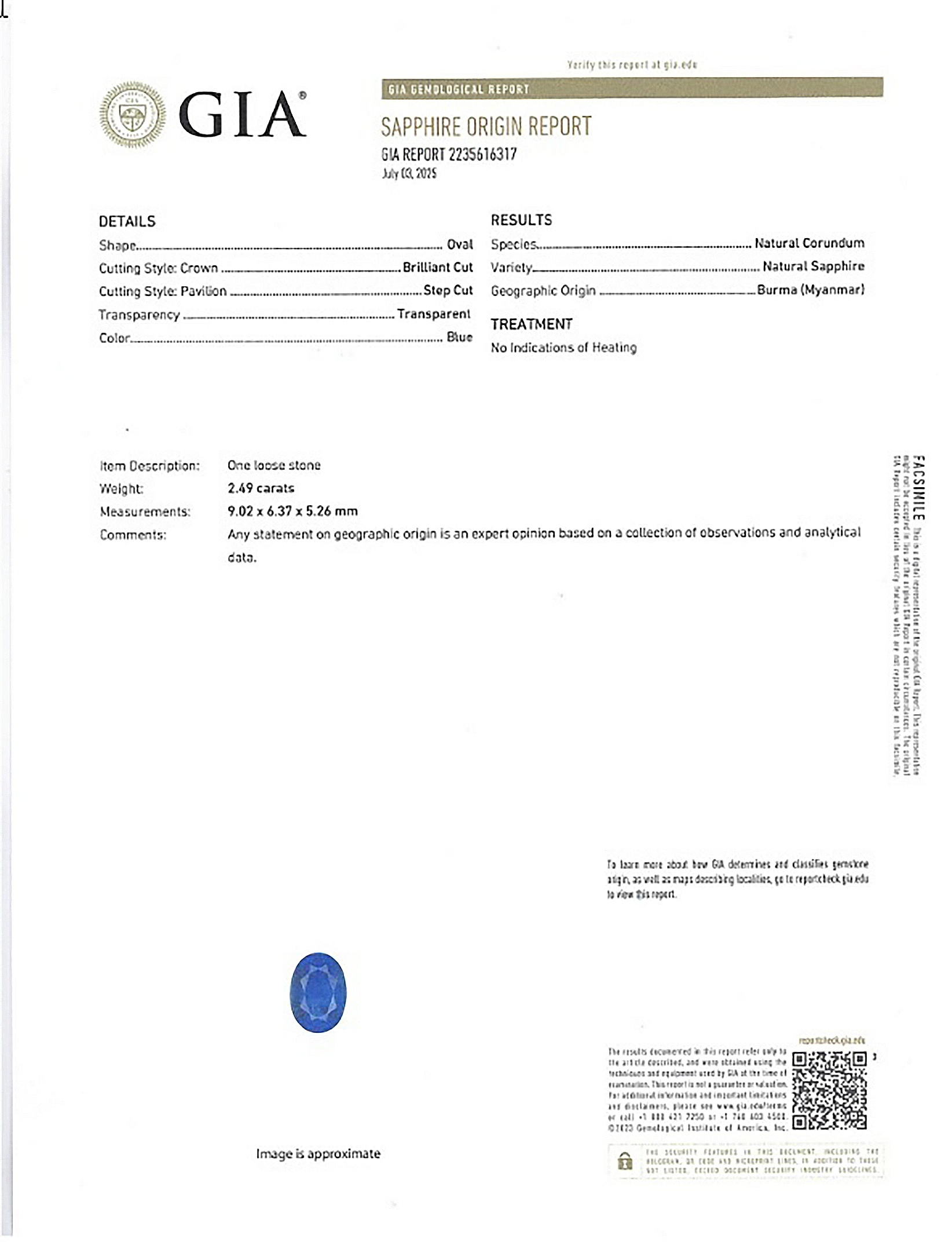 2.49 Ct. Blue Sapphire from Burma (Myanmar)