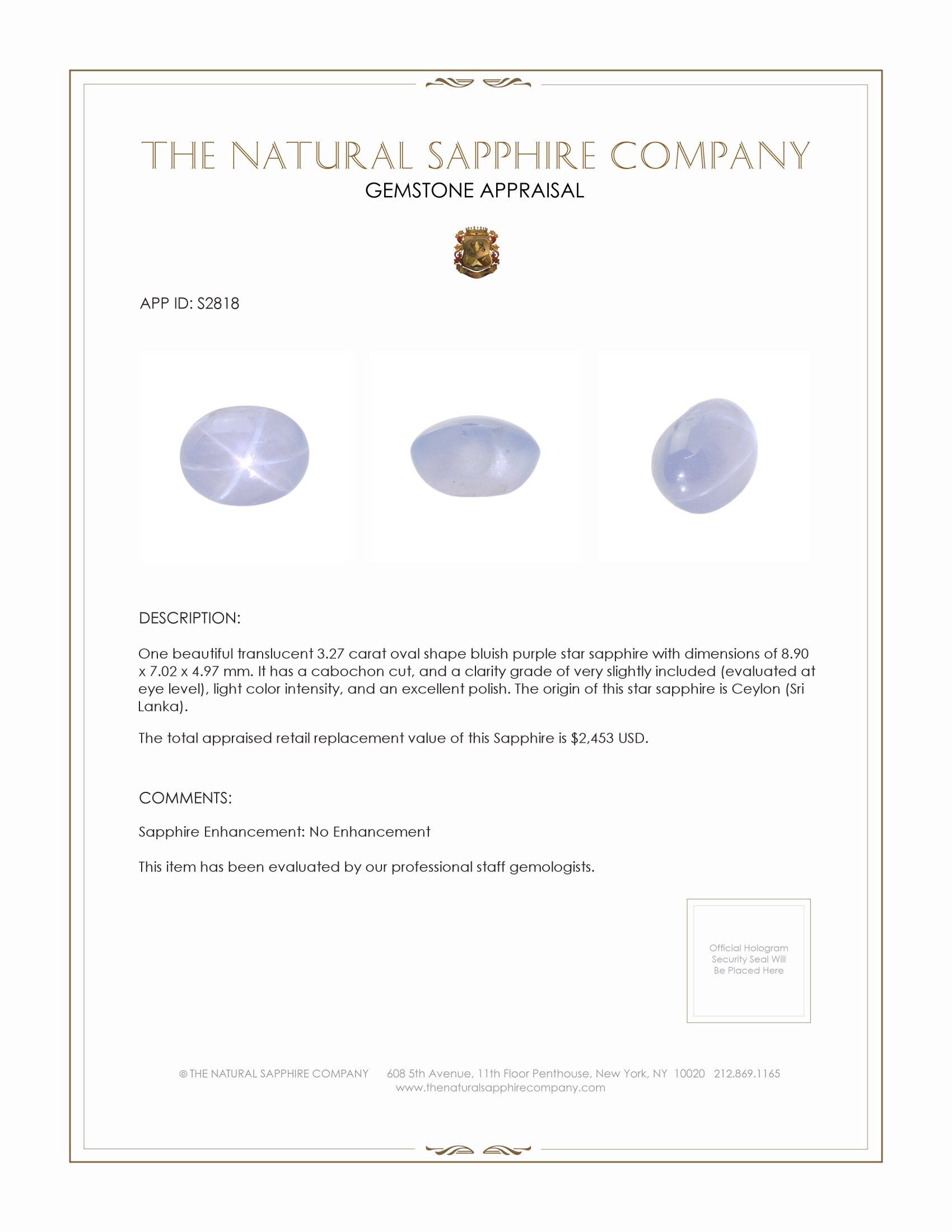3.27 Ct. Bluish Purple Star Sapphire from Ceylon (Sri Lanka)