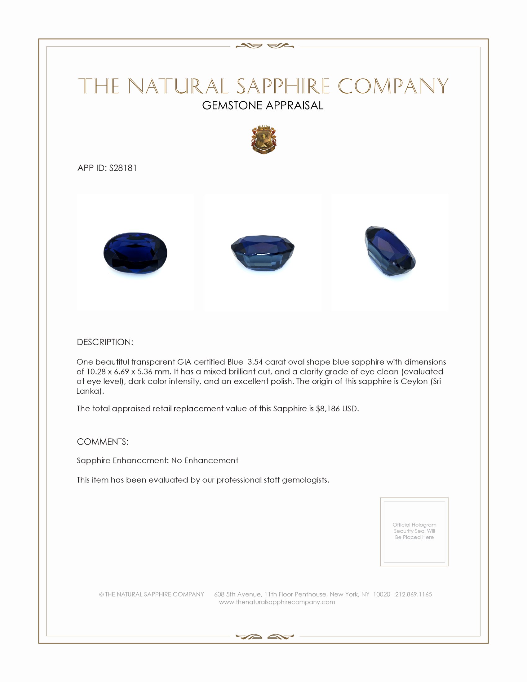 3.54 Ct. Blue Sapphire from Ceylon (Sri Lanka)