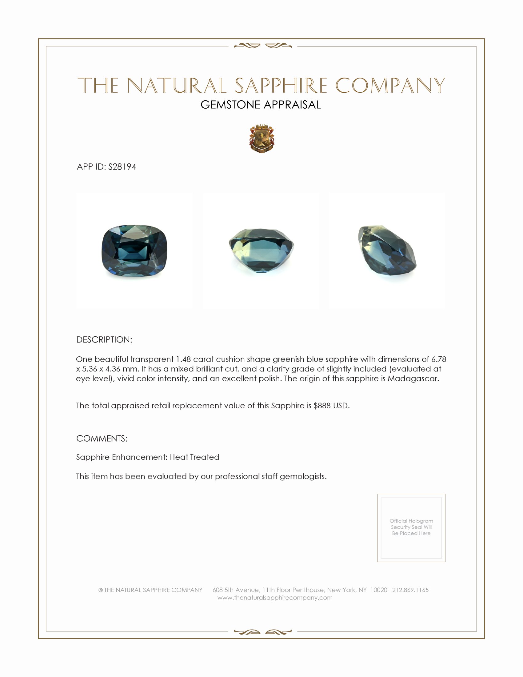 1.48 Ct. Greenish Blue Sapphire from Madagascar