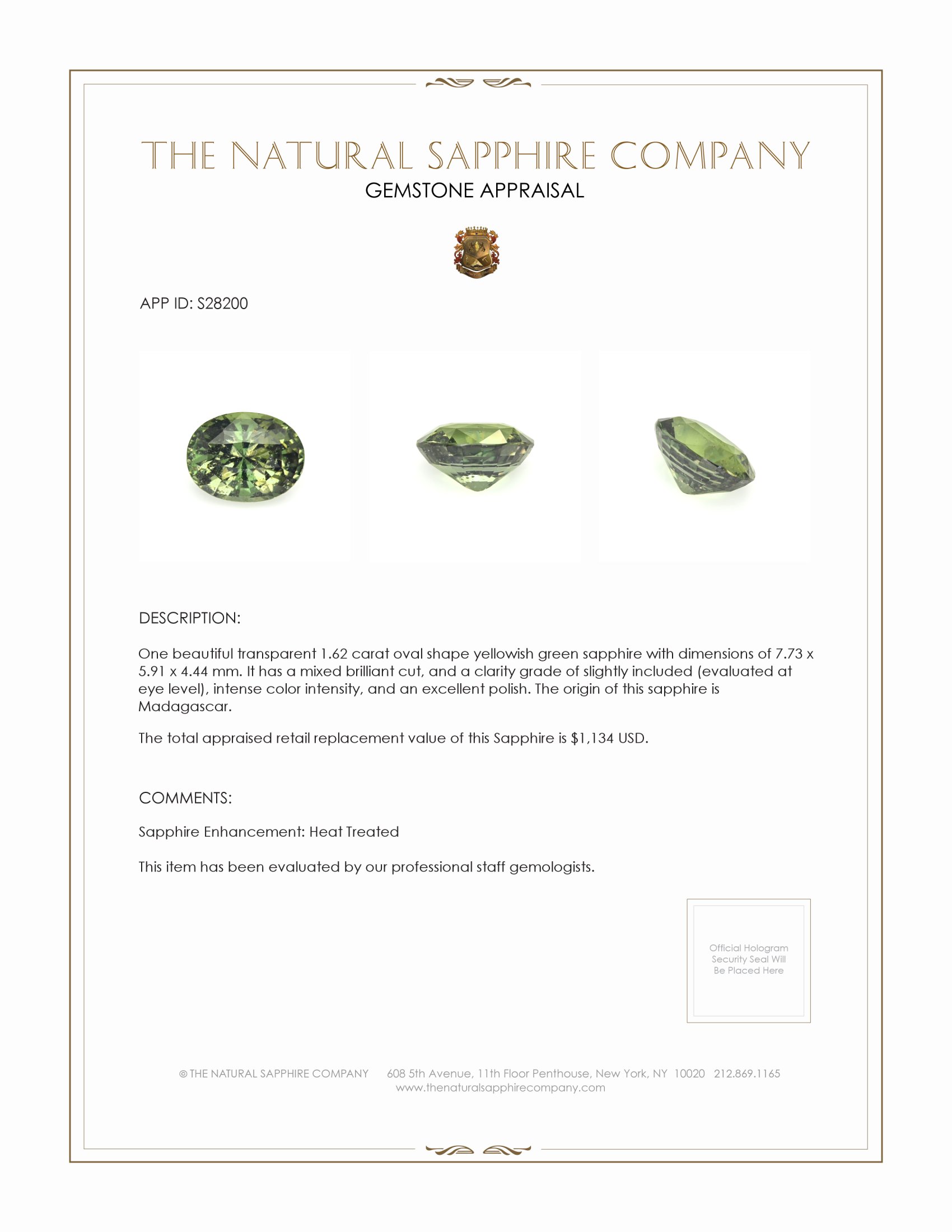 1.62 Ct. Yellowish Green Sapphire from Madagascar