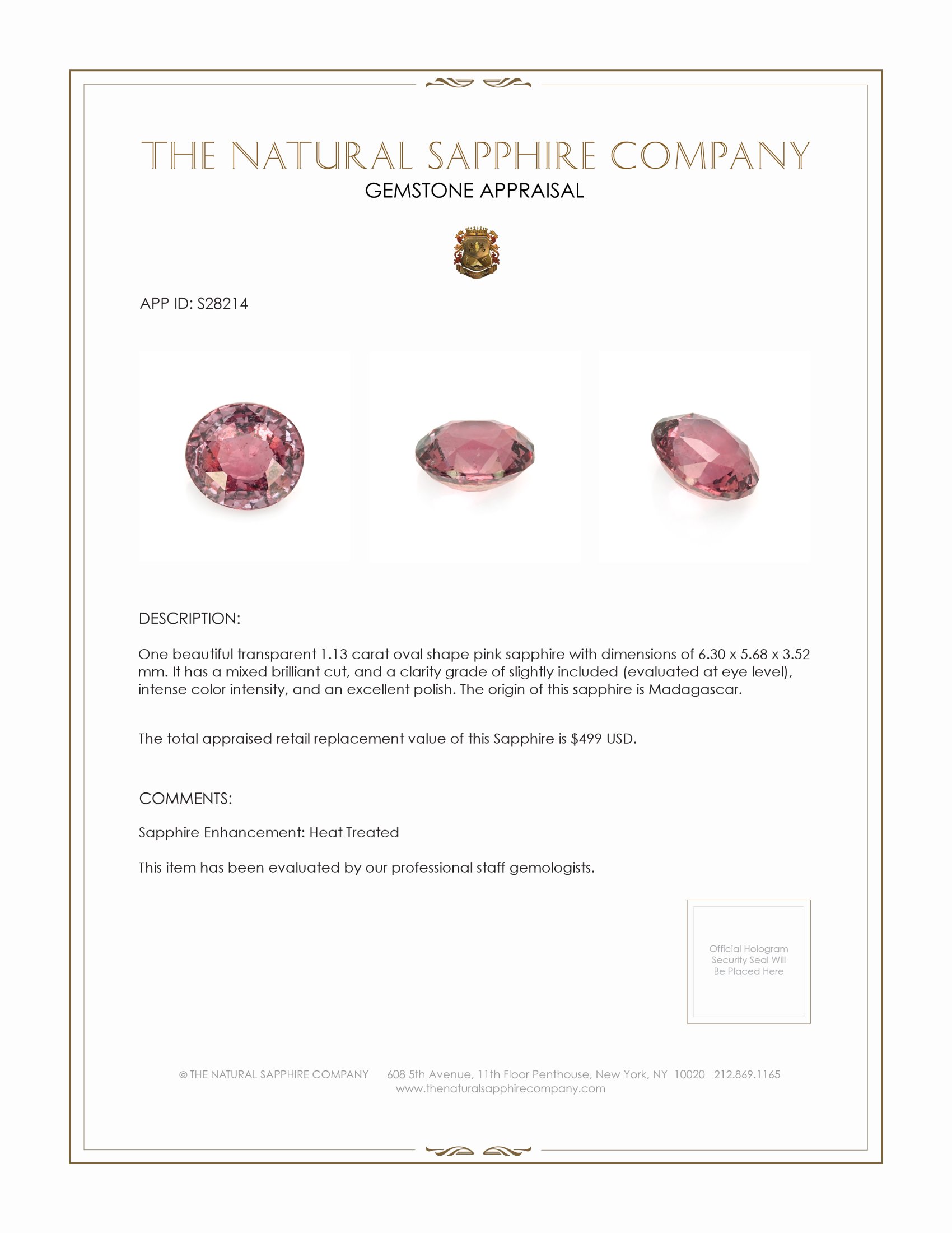 1.13 Ct. Pink Sapphire from Madagascar