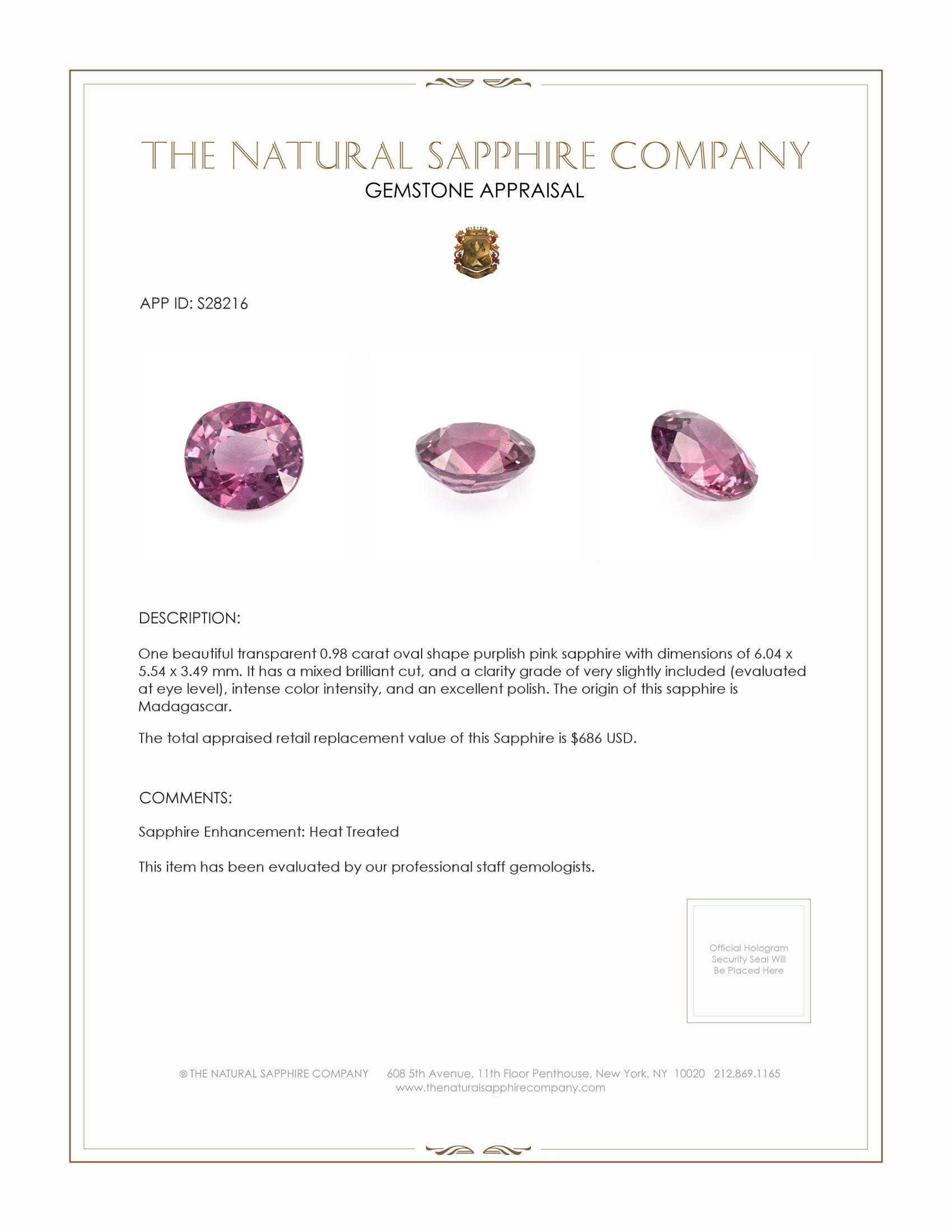 0.98 Ct. Purplish Pink Sapphire from Madagascar