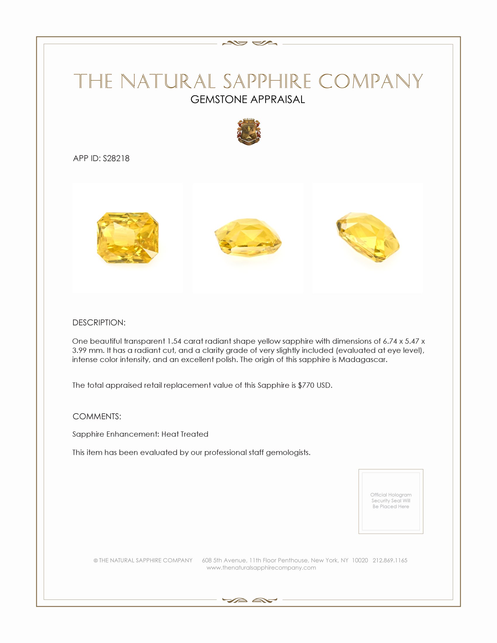 1.54 Ct. Yellow Sapphire from Madagascar