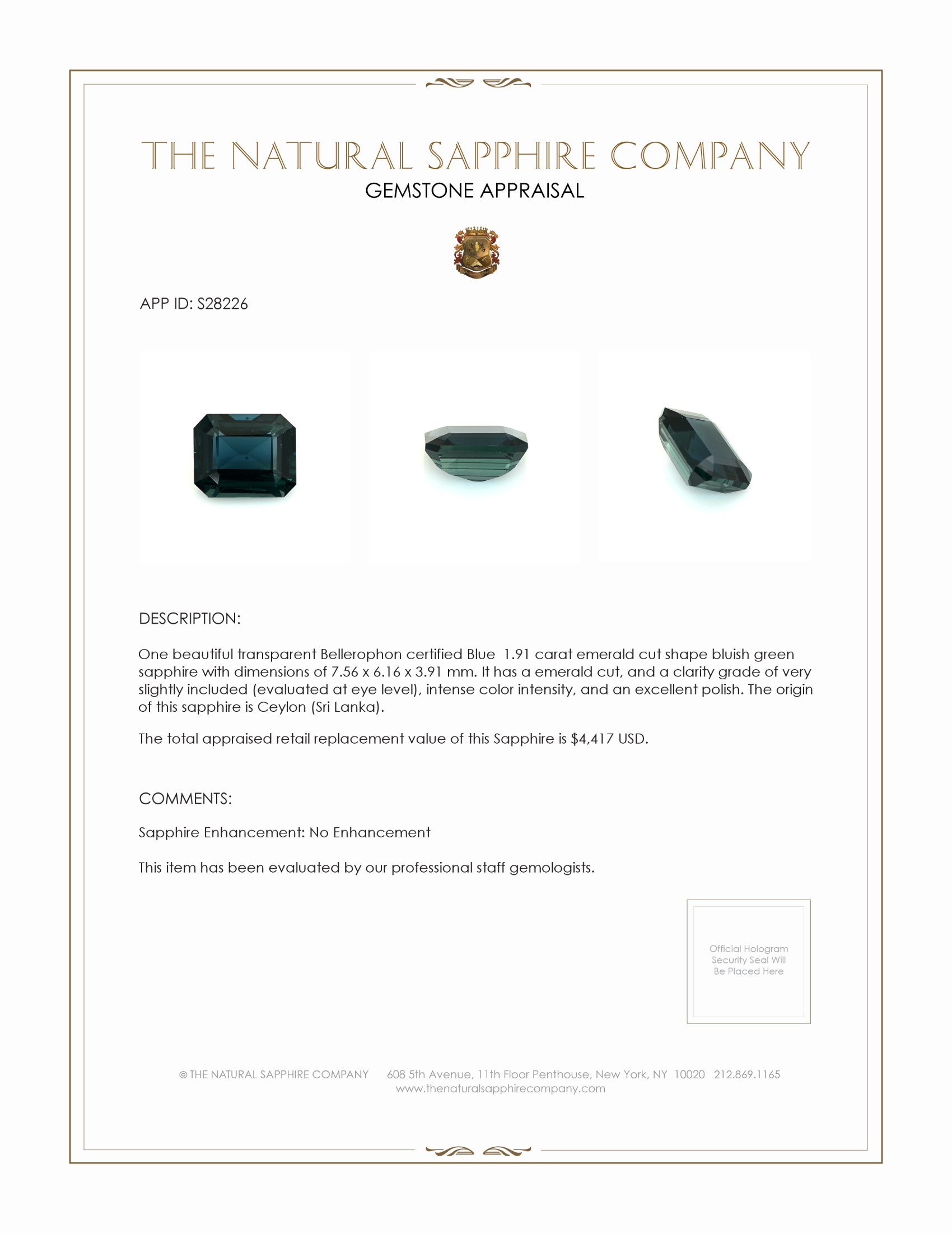 1.91 Ct. Bluish Green Sapphire from Ceylon (Sri Lanka)