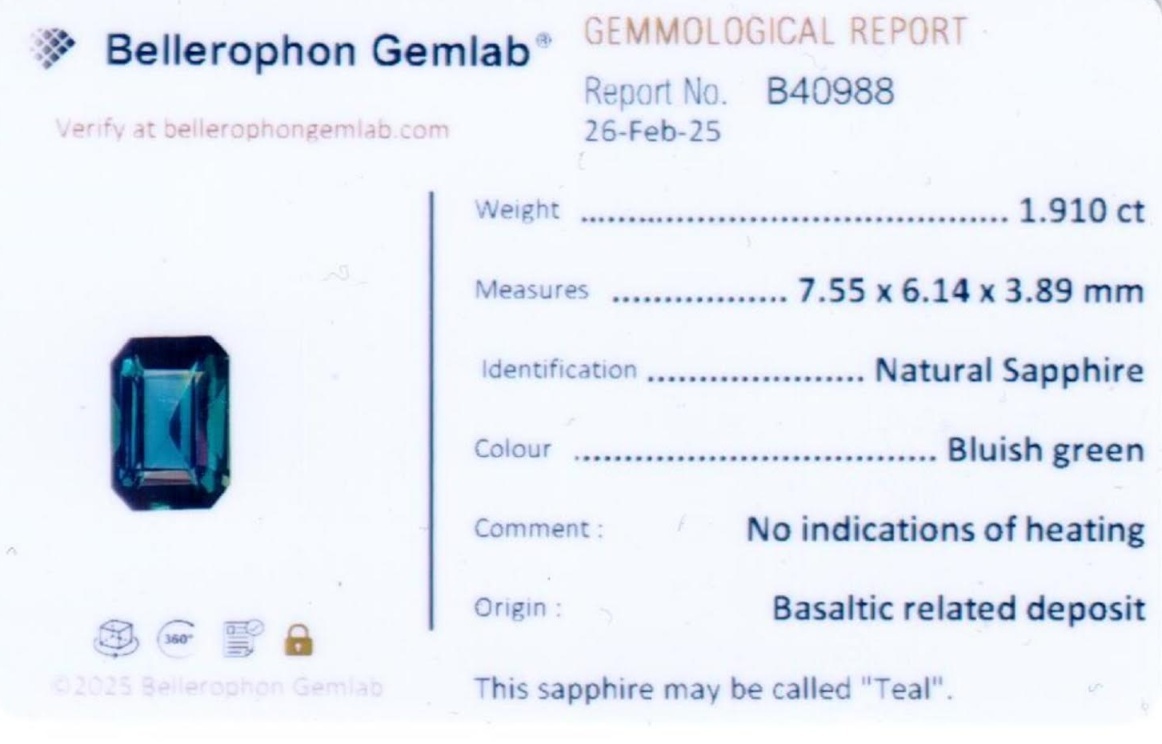 1.91 Ct. Bluish Green Sapphire from Ceylon (Sri Lanka)