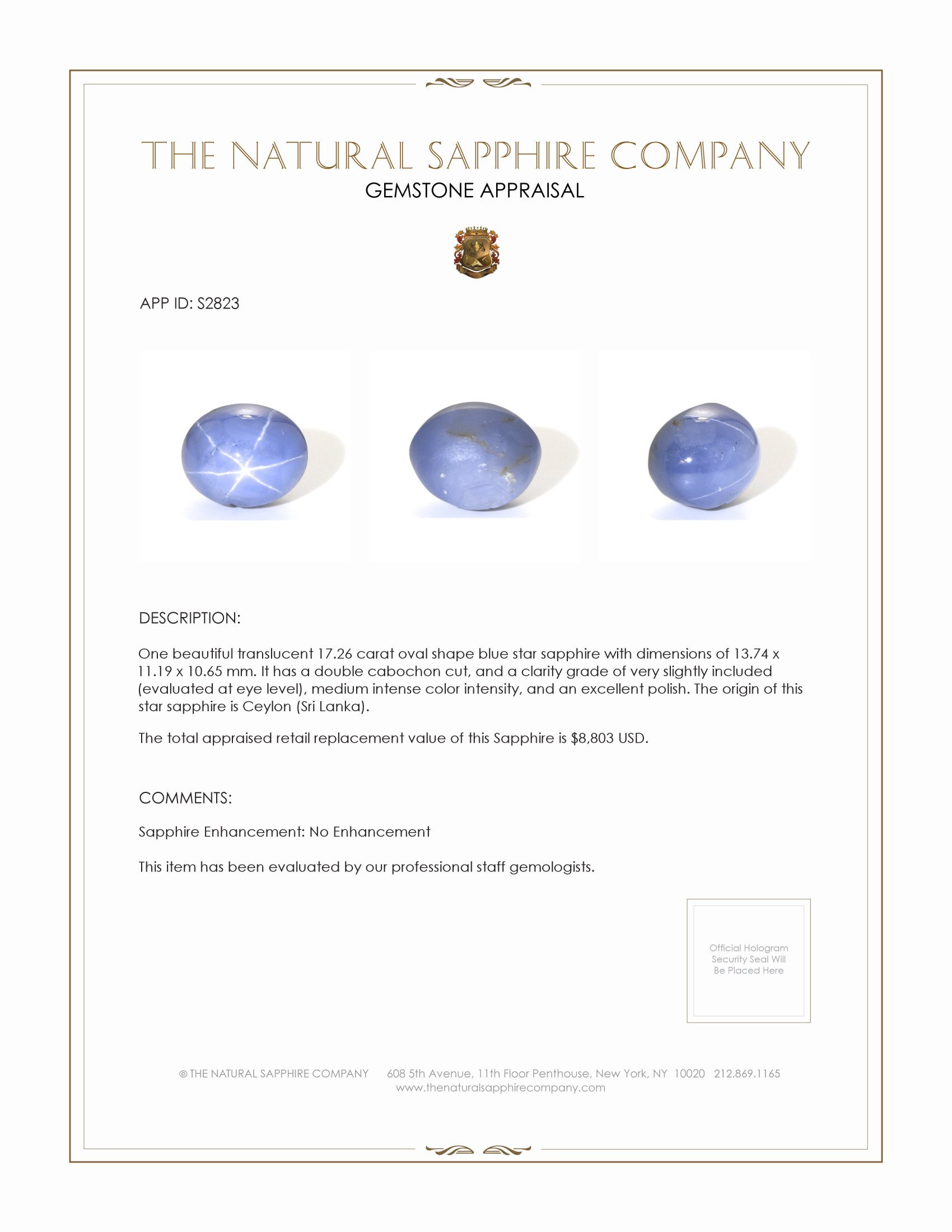 17.26 Ct. Blue Star Sapphire from Ceylon (Sri Lanka)