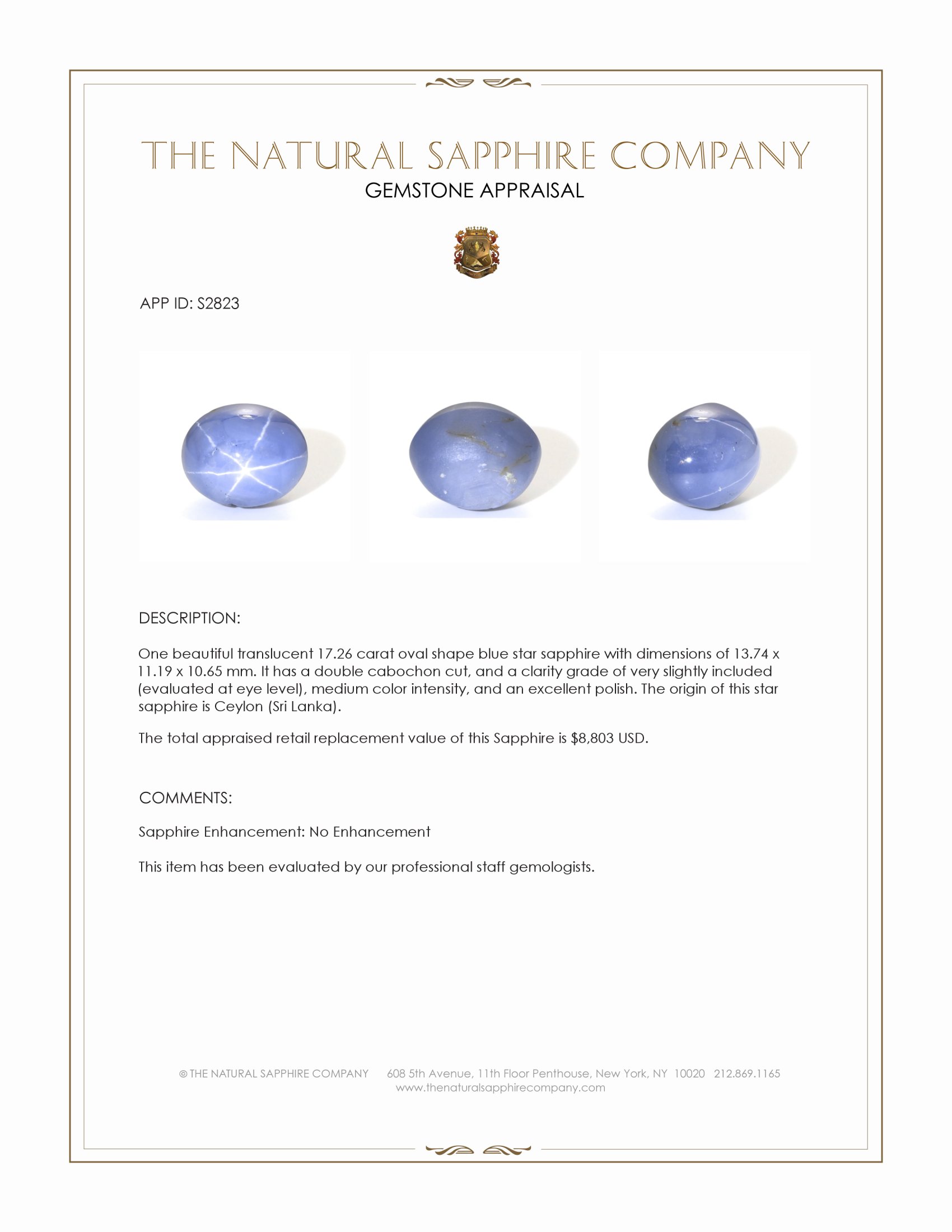 17.26 Ct. Blue Star Sapphire from Ceylon (Sri Lanka)