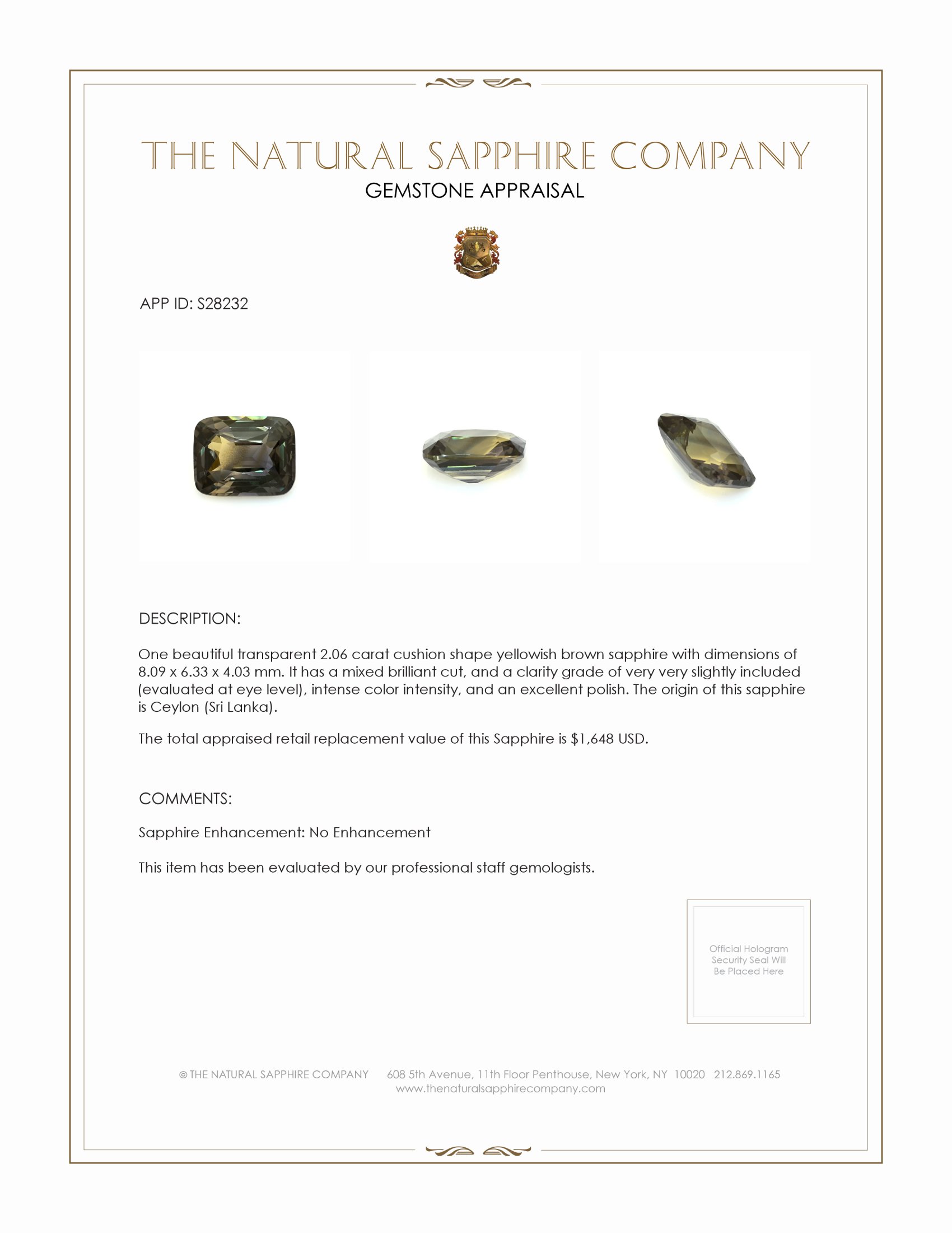 2.06 Ct. Yellowish Brown Sapphire from Ceylon (Sri Lanka)