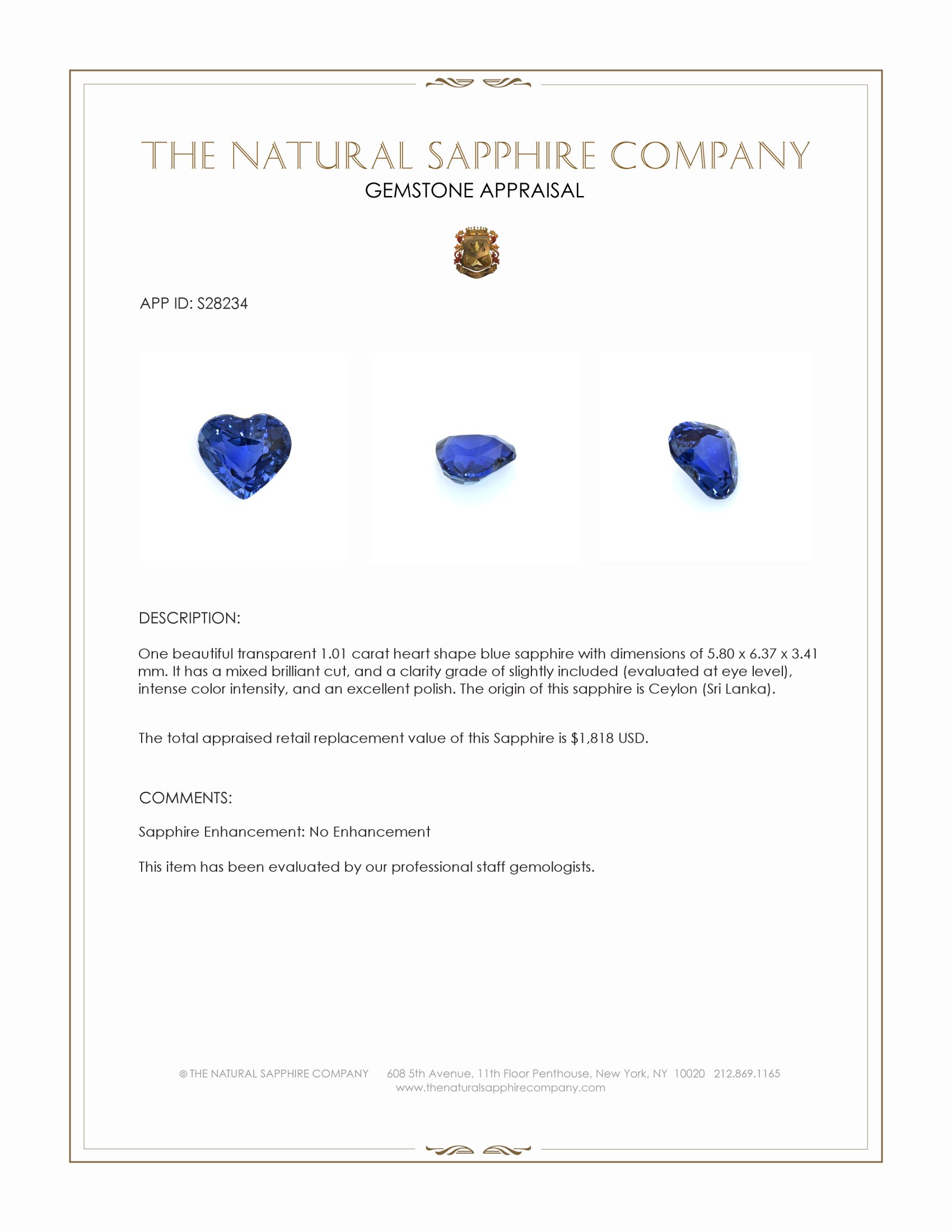 1.01 Ct. Blue Sapphire from Ceylon (Sri Lanka)