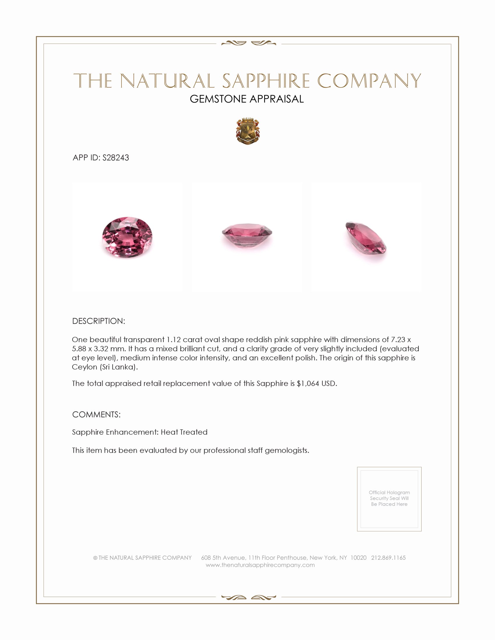 1.12 Ct. Reddish Pink Sapphire from Ceylon (Sri Lanka)