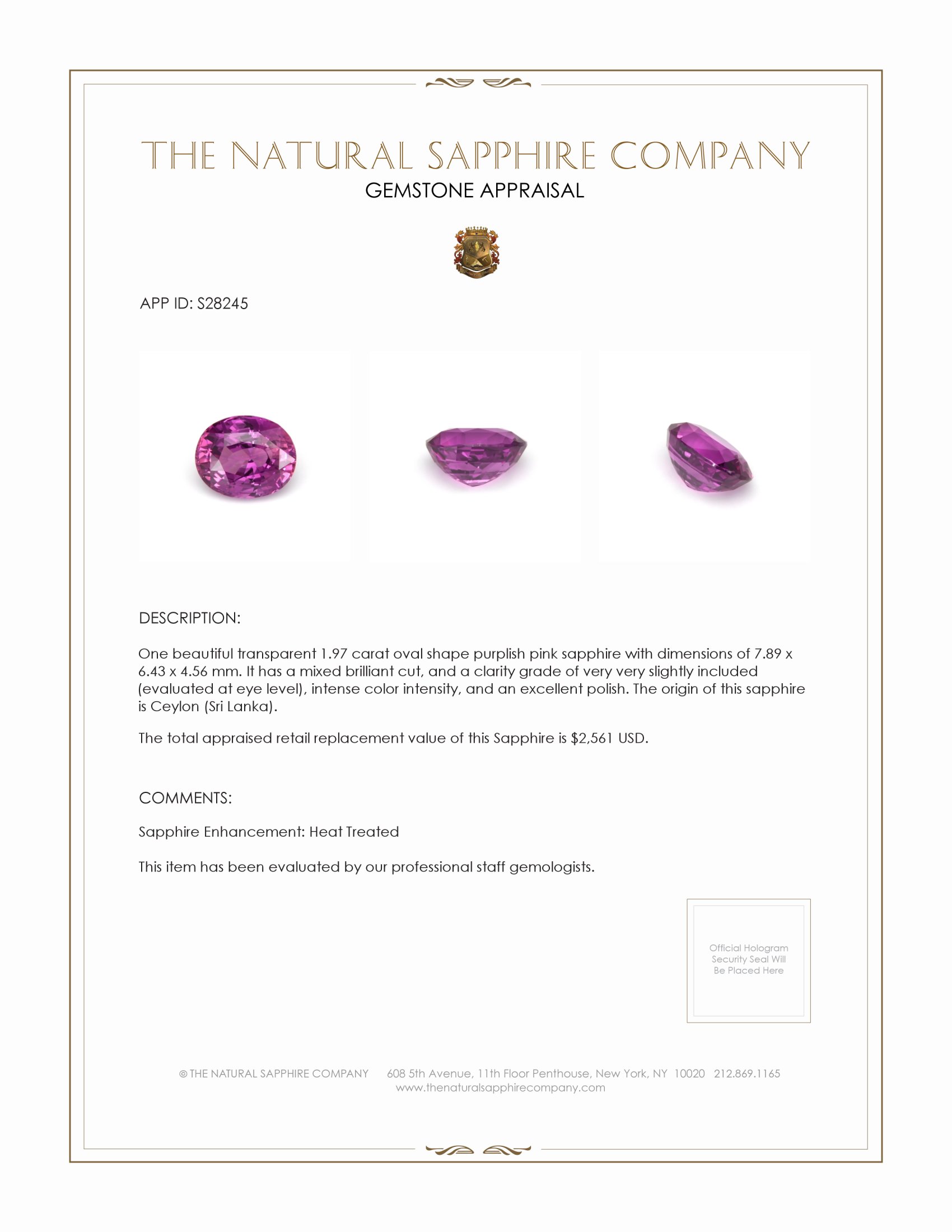 1.97 Ct. Purplish Pink Sapphire from Ceylon (Sri Lanka)