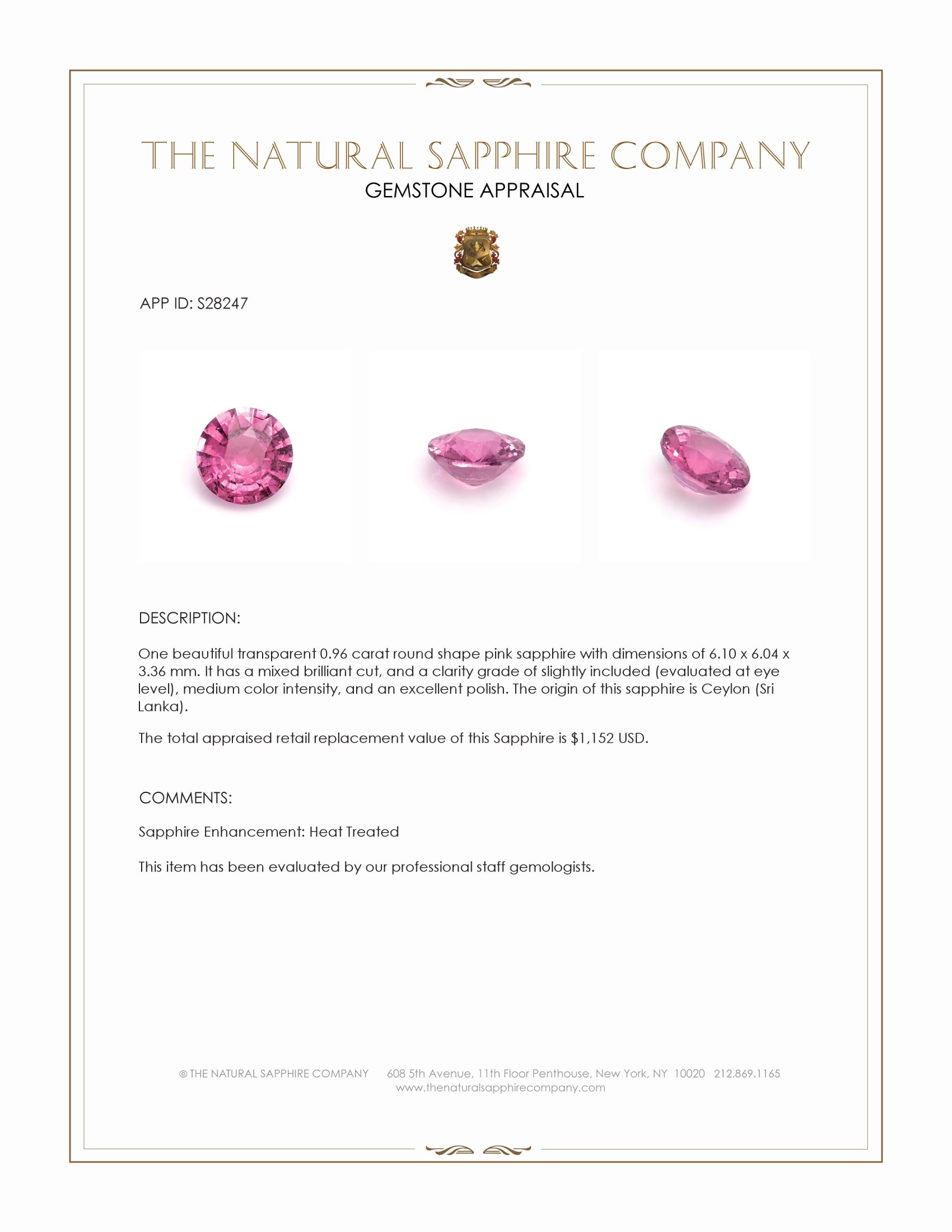 0.96 Ct. Pink Sapphire from Ceylon (Sri Lanka)