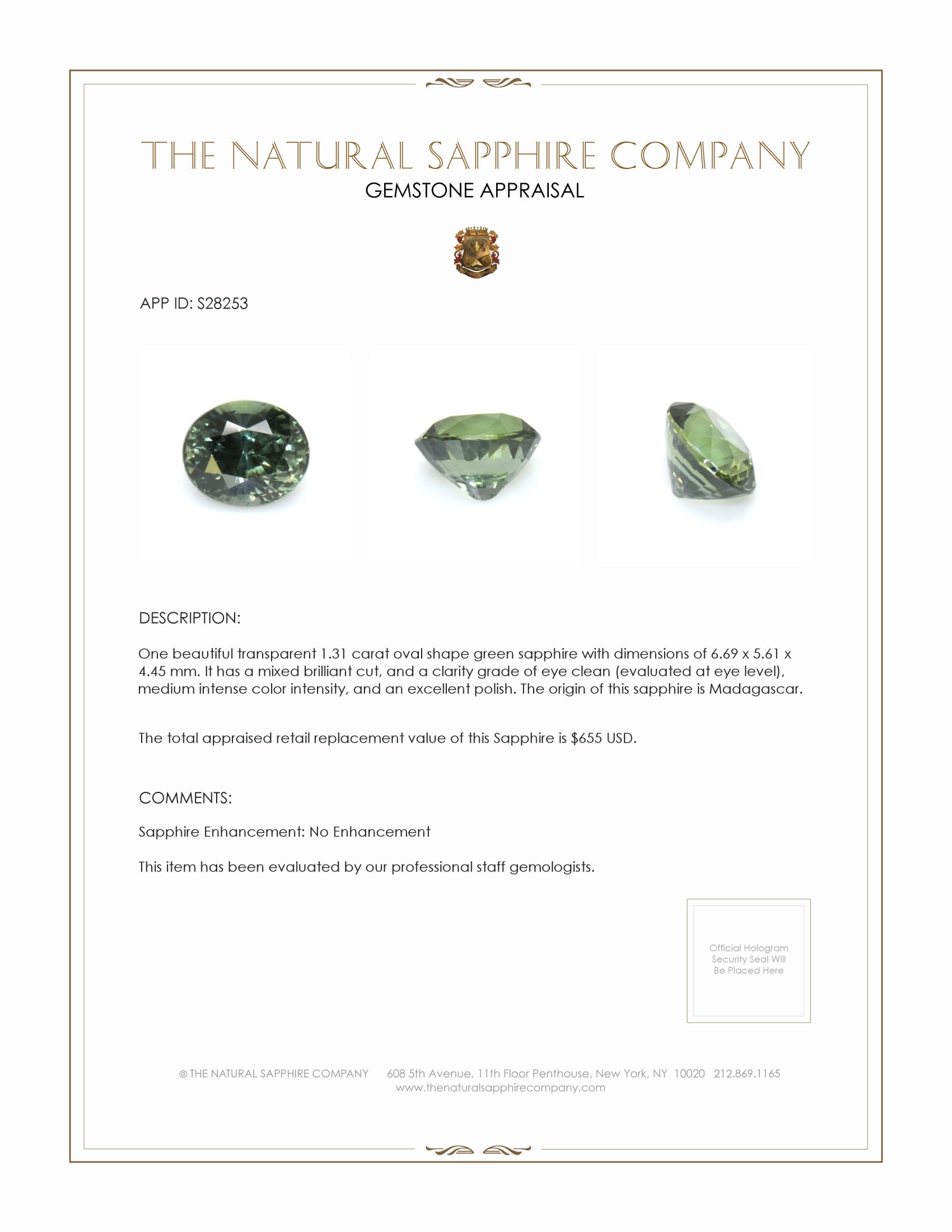 1.31 Ct. Green Sapphire from Madagascar