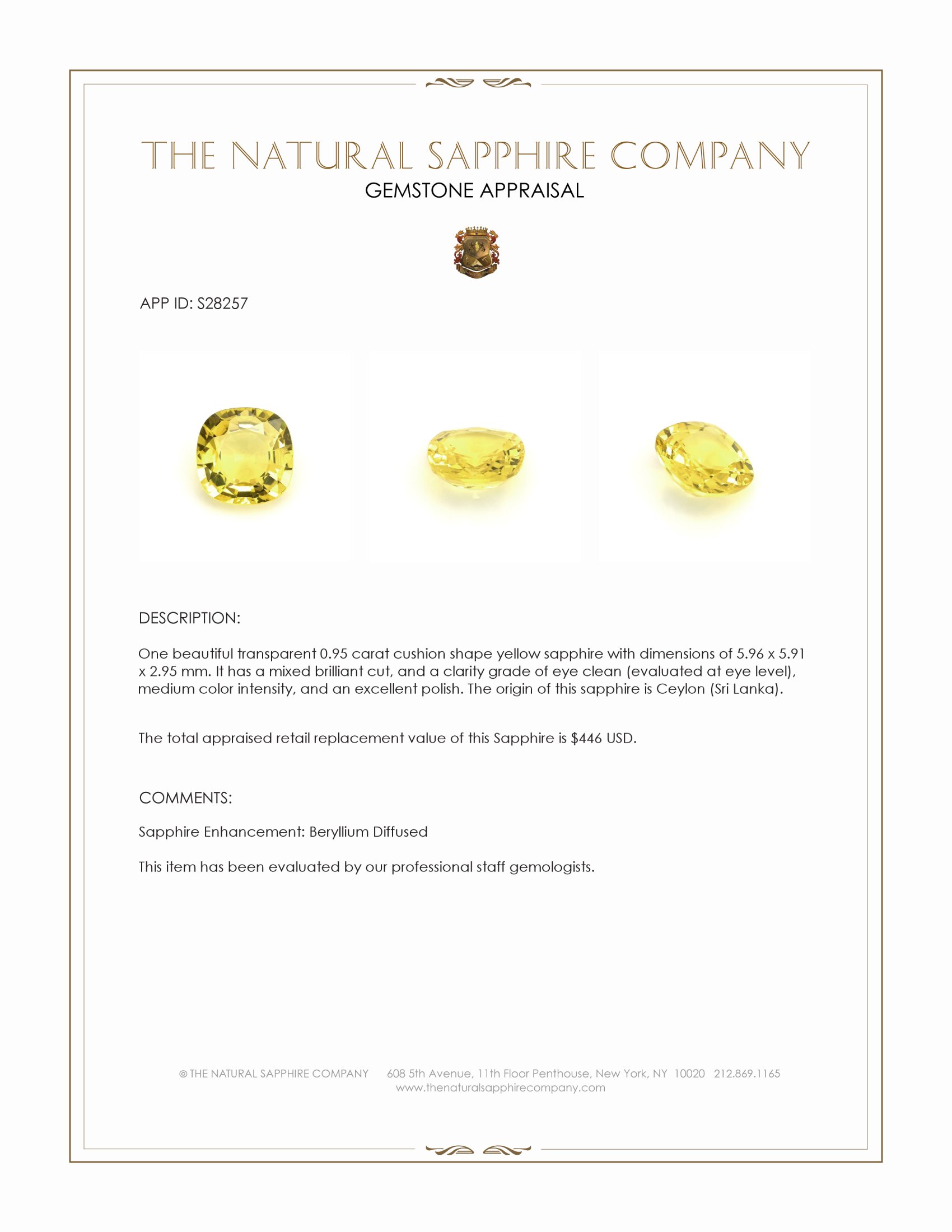 0.95 Ct. Yellow Sapphire from Ceylon (Sri Lanka)