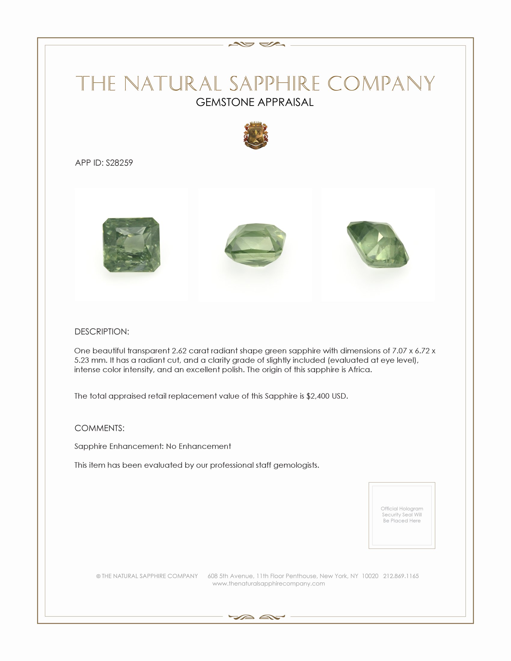 2.62 Ct. Yellowish Green Sapphire from Africa