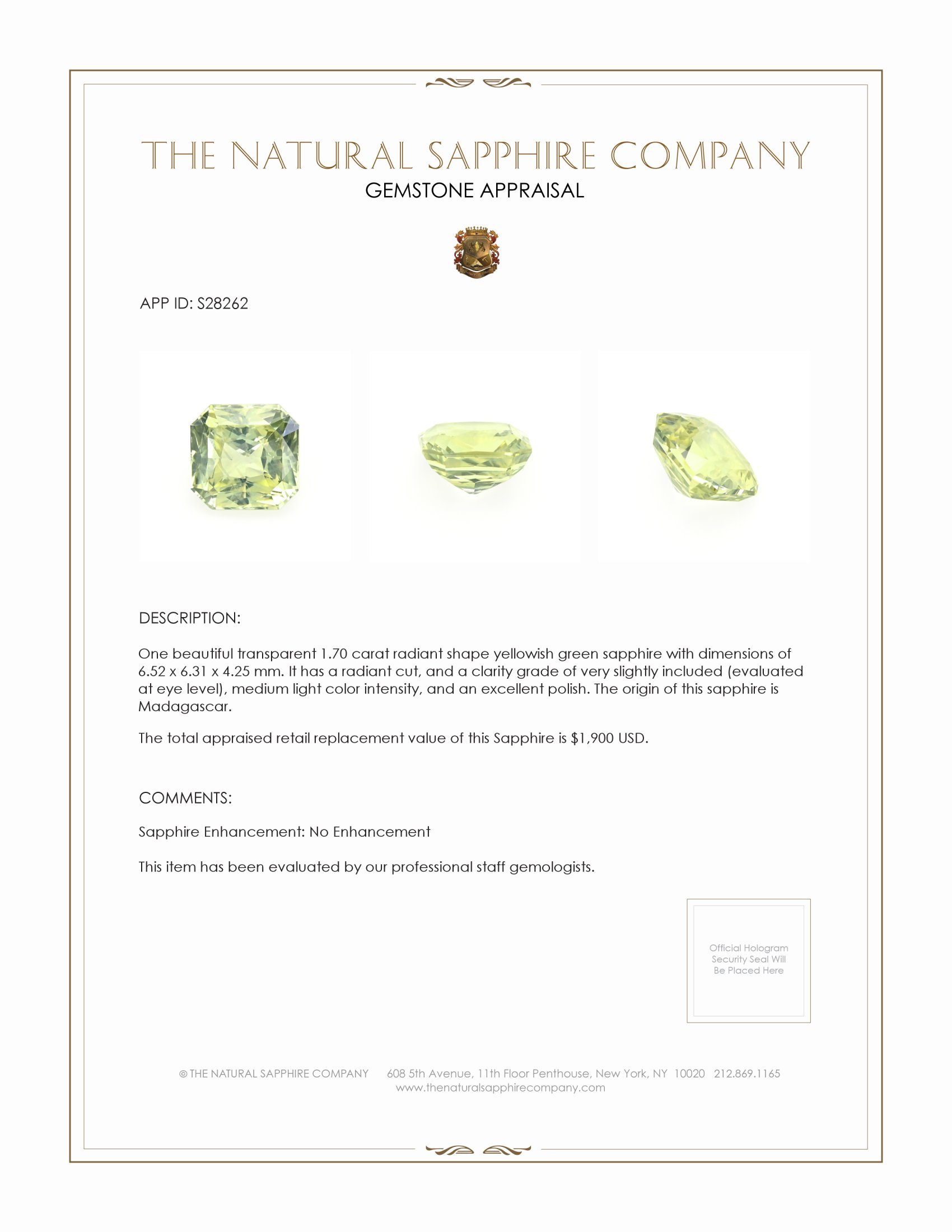1.70 Ct. Greenish Yellow Sapphire from Madagascar