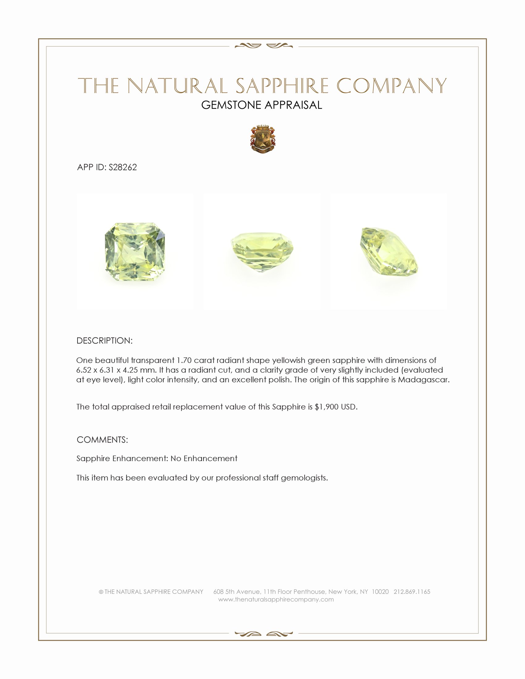 1.70 Ct. Yellowish Green Sapphire from Madagascar