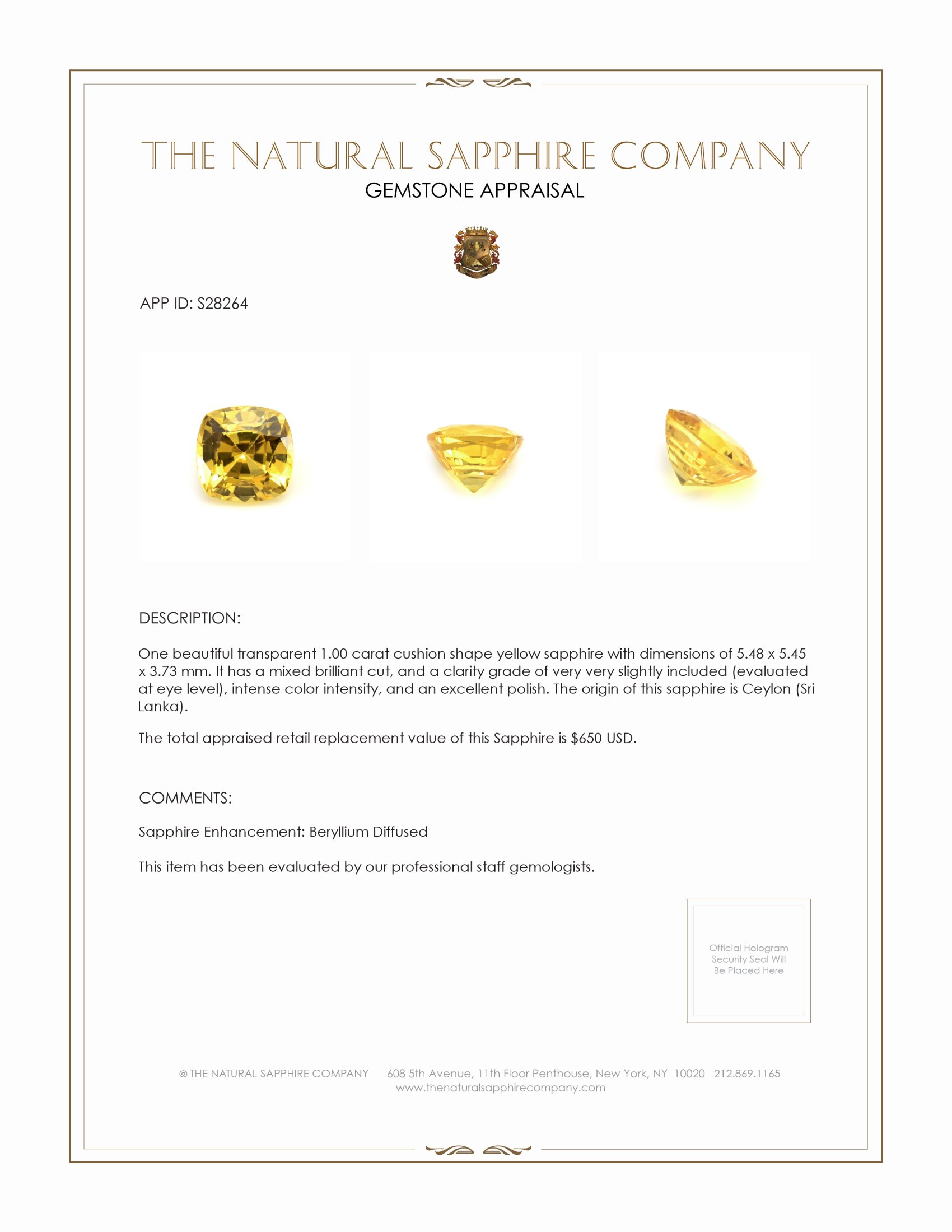 1.00 Ct. Yellow Sapphire from Ceylon (Sri Lanka)