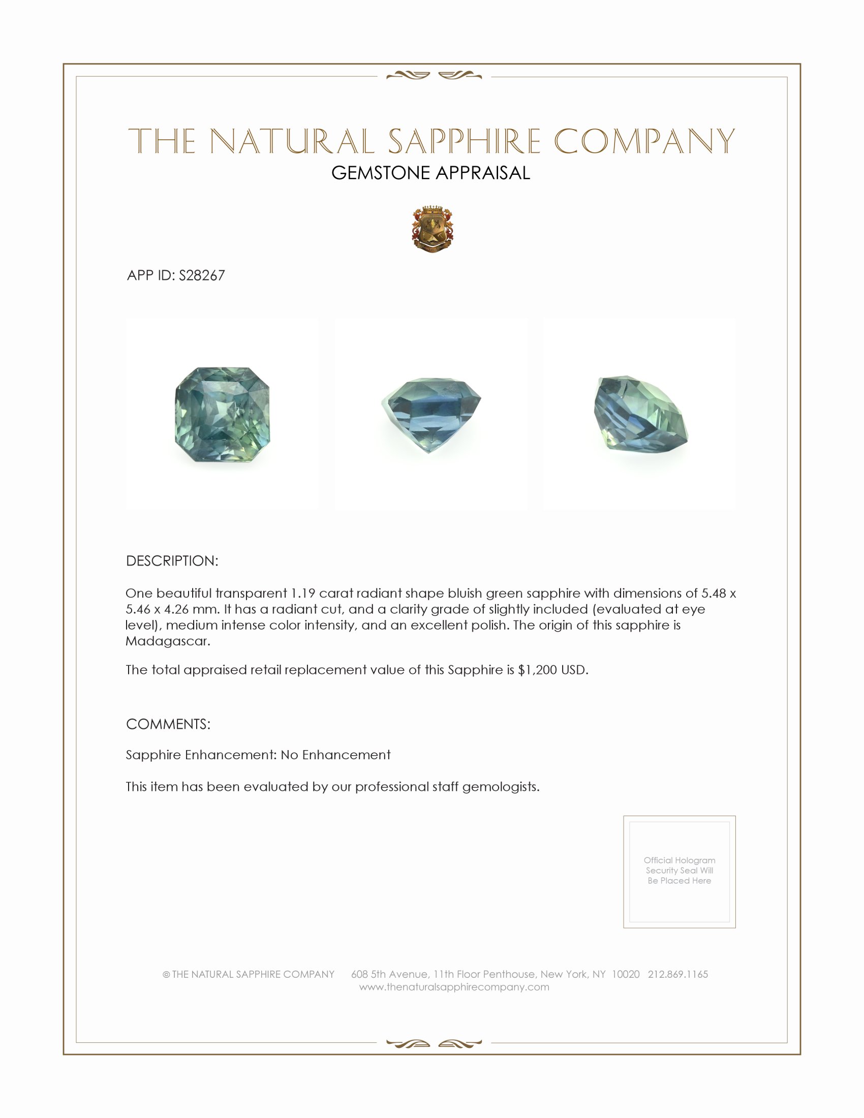 1.19 Ct. Bluish Green Sapphire from Madagascar