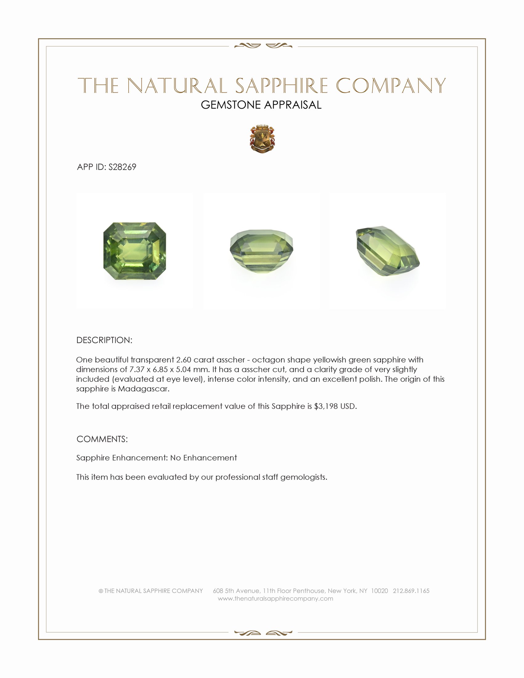 2.60 Ct. Yellowish Green Sapphire from Madagascar