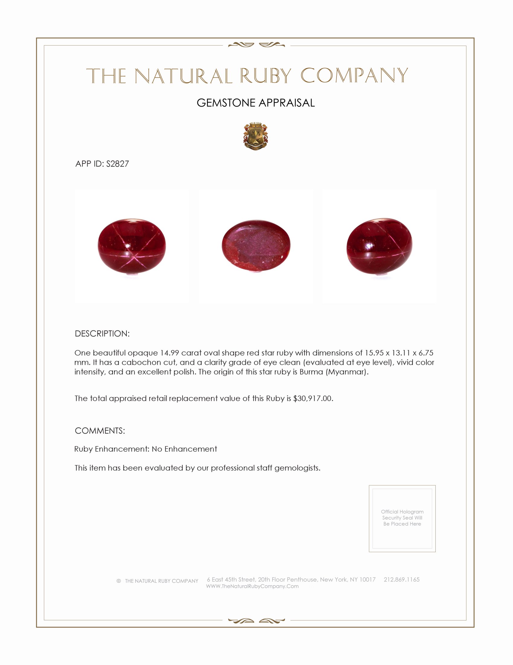 14.99 Ct. Star Ruby from Burma (Myanmar)