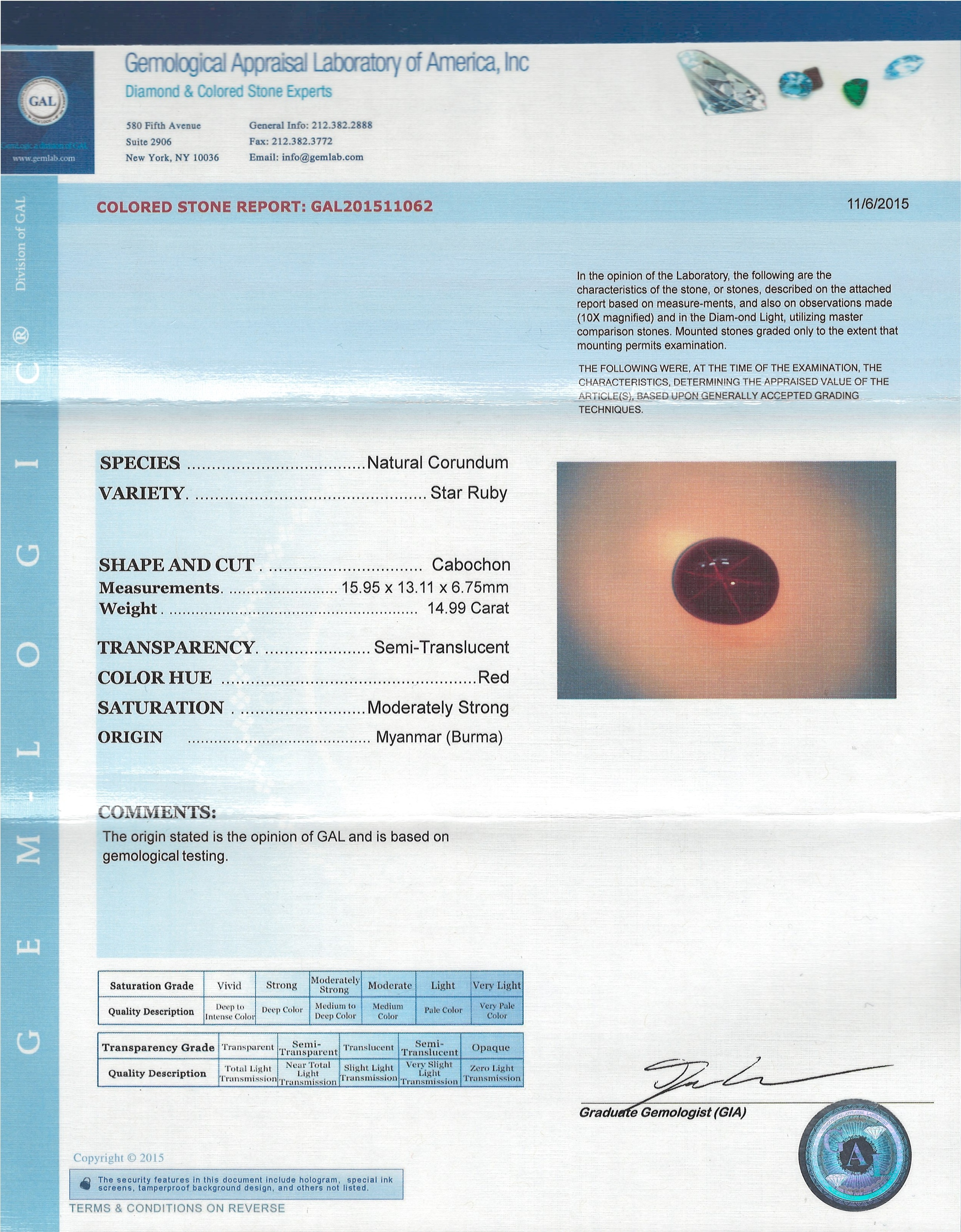 14.99 Ct. Star Ruby from Burma (Myanmar)