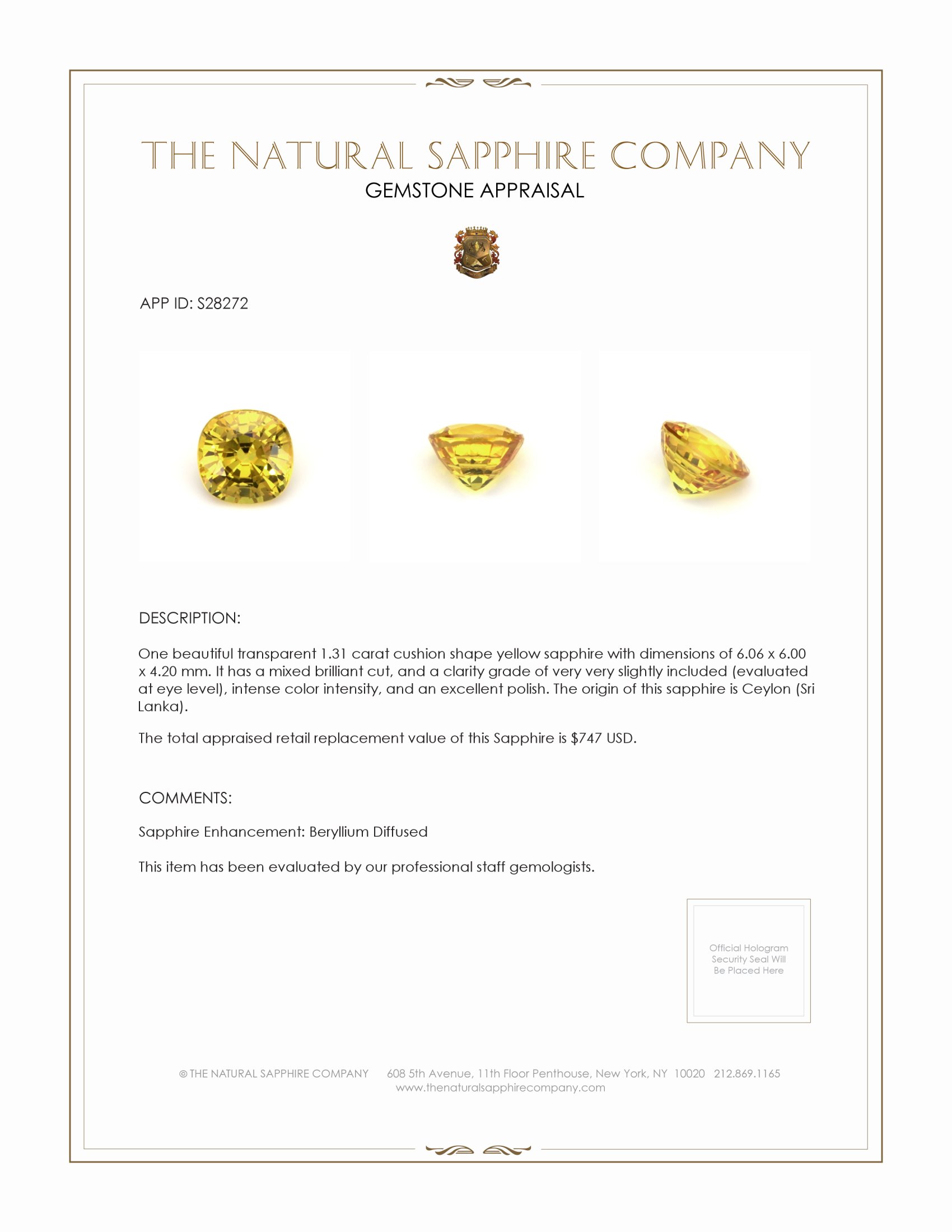 1.31 Ct. Yellow Sapphire from Ceylon (Sri Lanka)