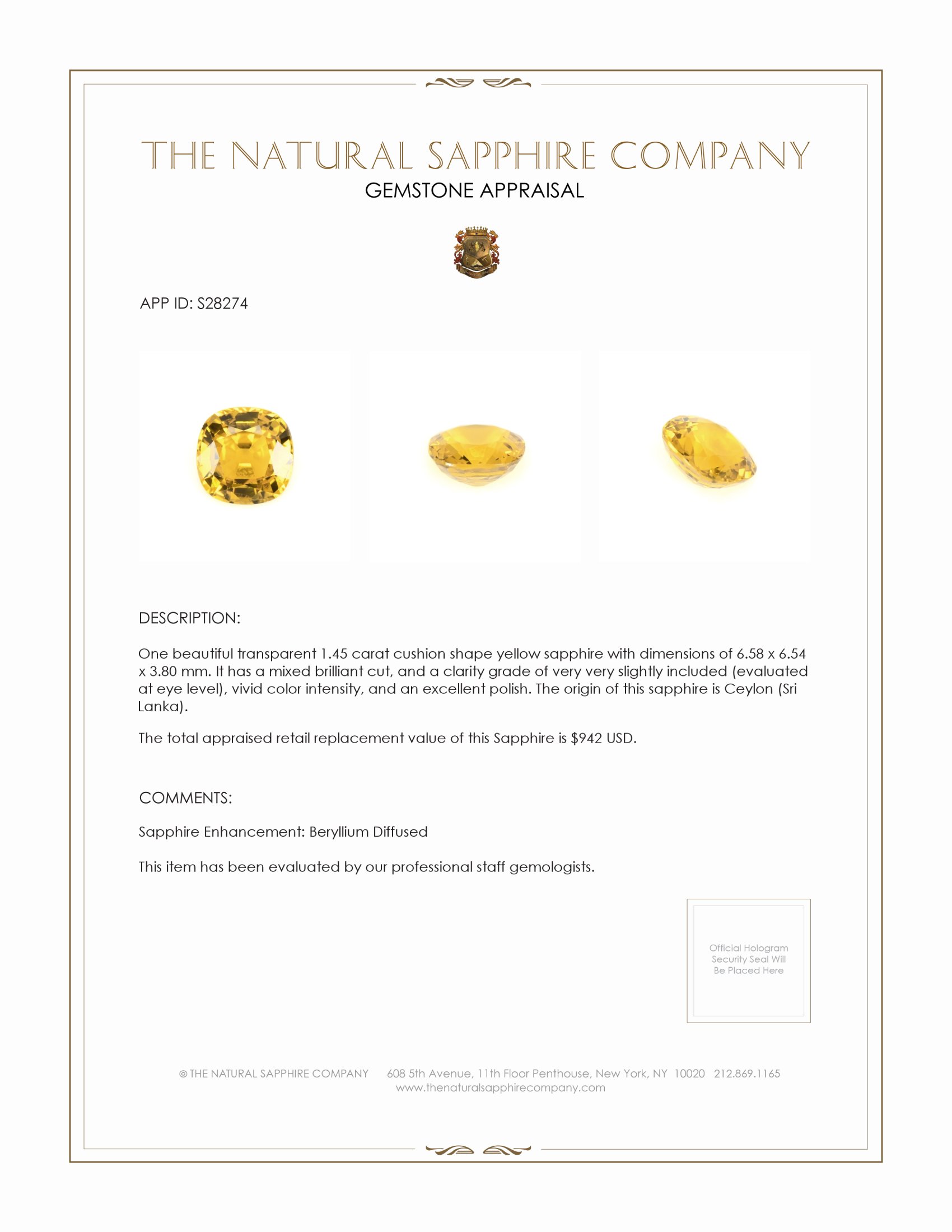 1.45 Ct. Yellow Sapphire from Ceylon (Sri Lanka)
