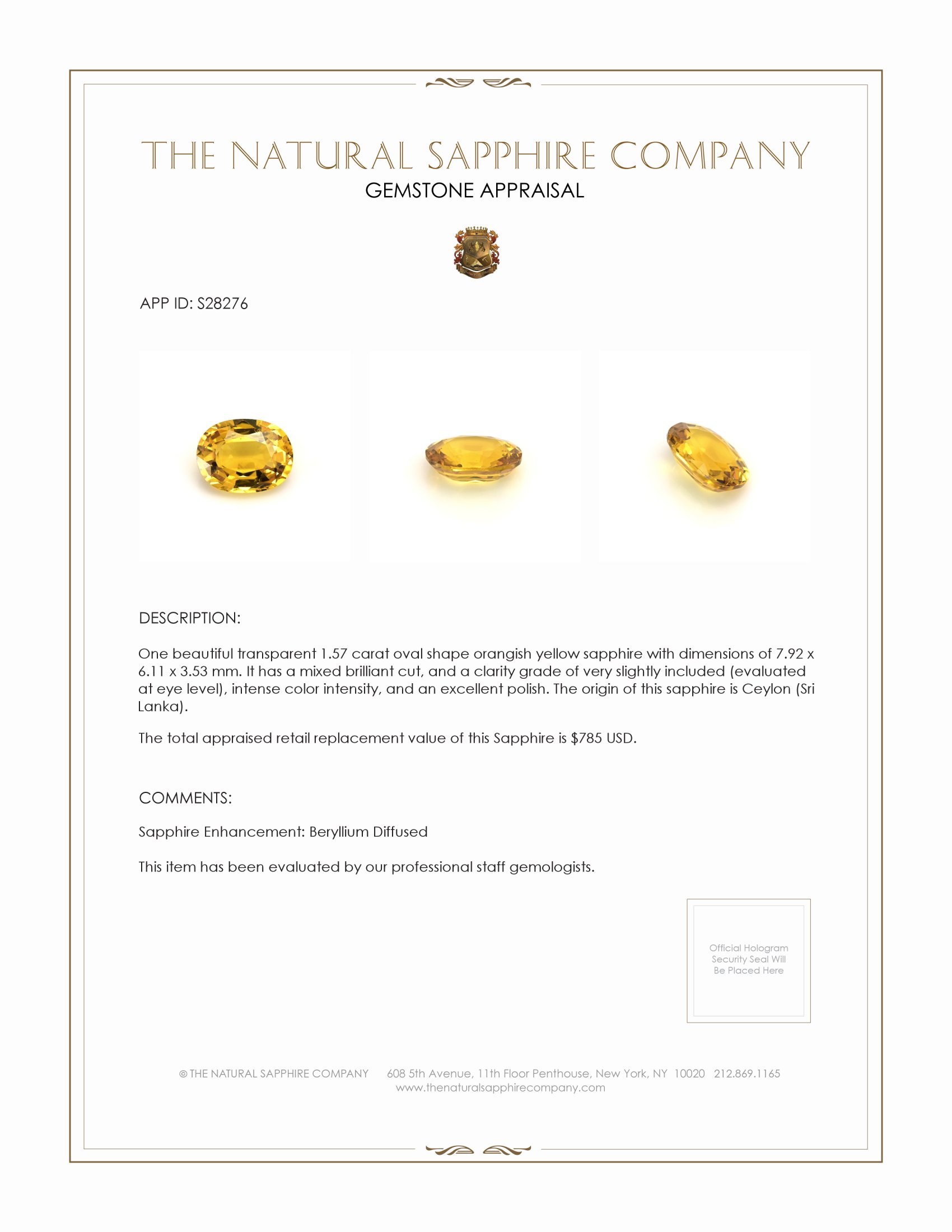 1.57 Ct. Orangish Yellow Sapphire from Ceylon (Sri Lanka)