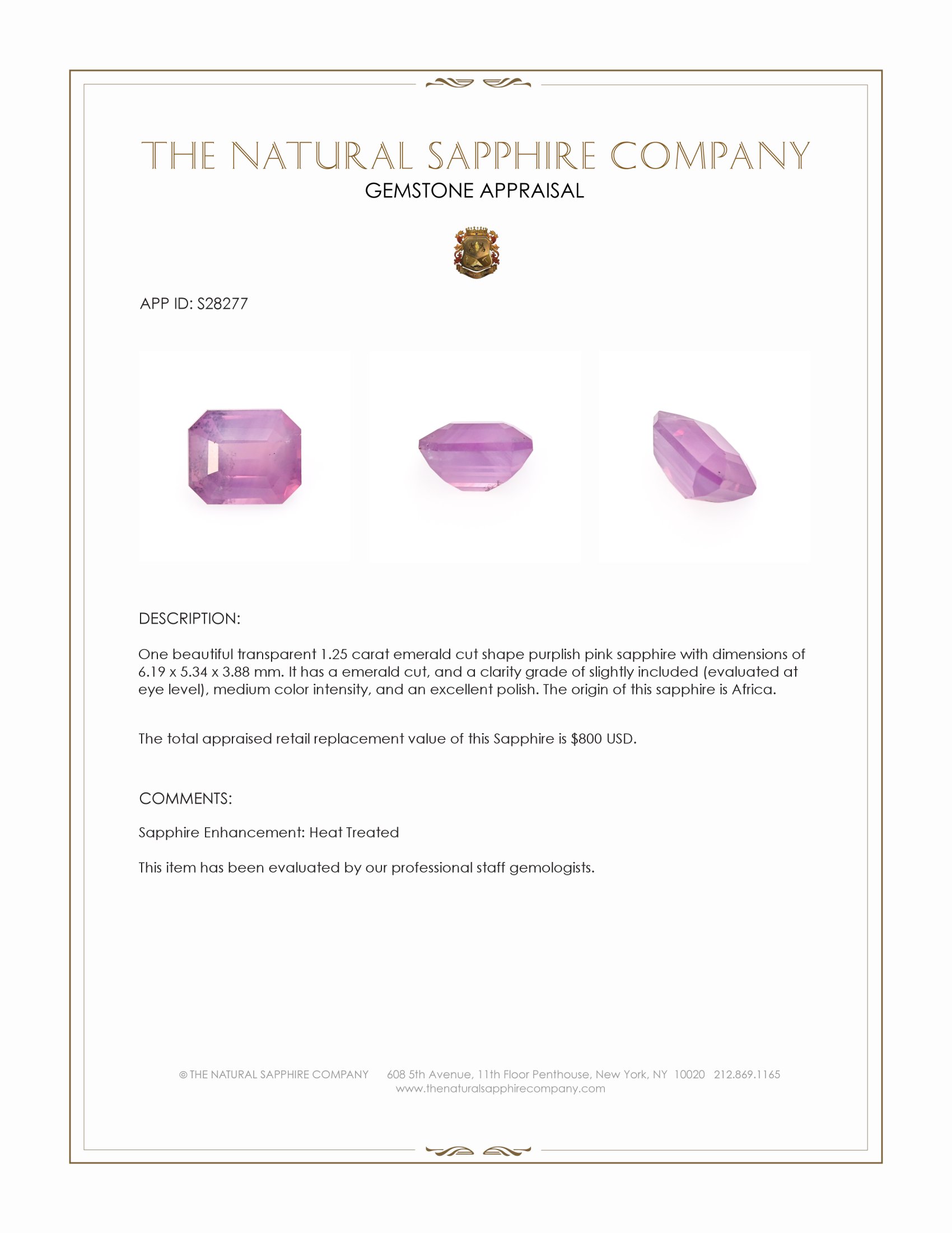 1.25 Ct. Purplish Pink Sapphire from Africa