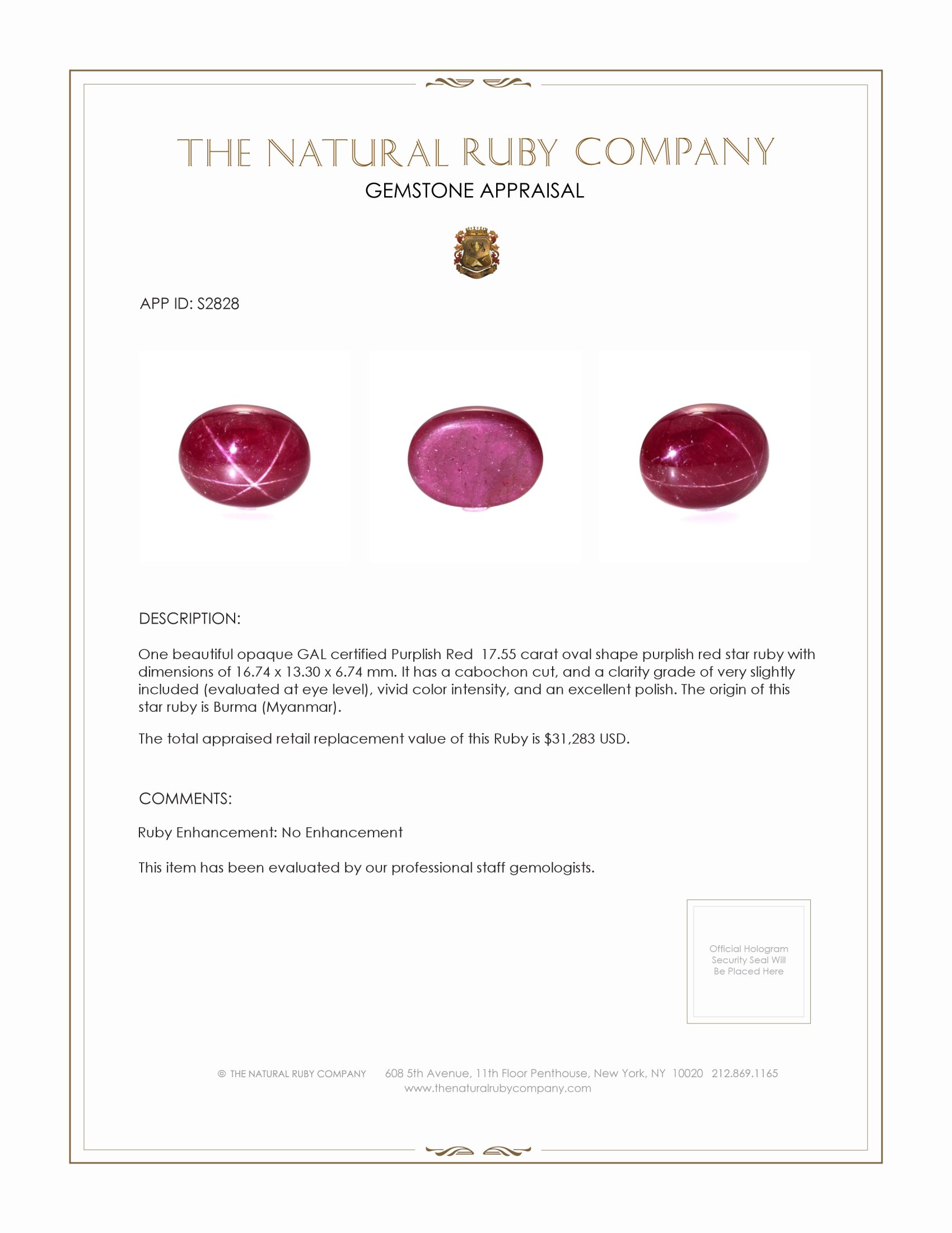 17.55 Ct. Star Ruby from Burma (Myanmar)