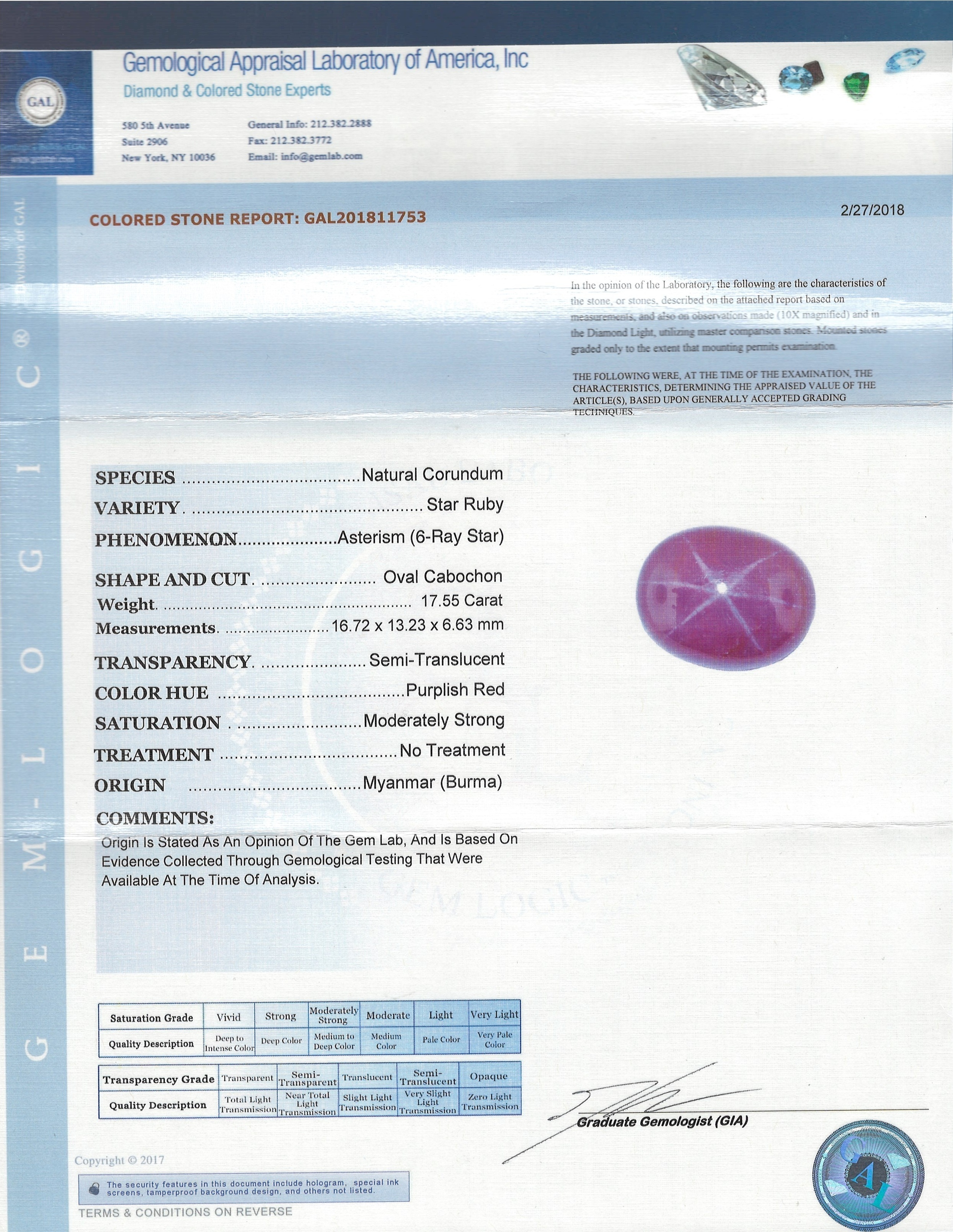 17.55 Ct. Star Ruby from Burma (Myanmar)