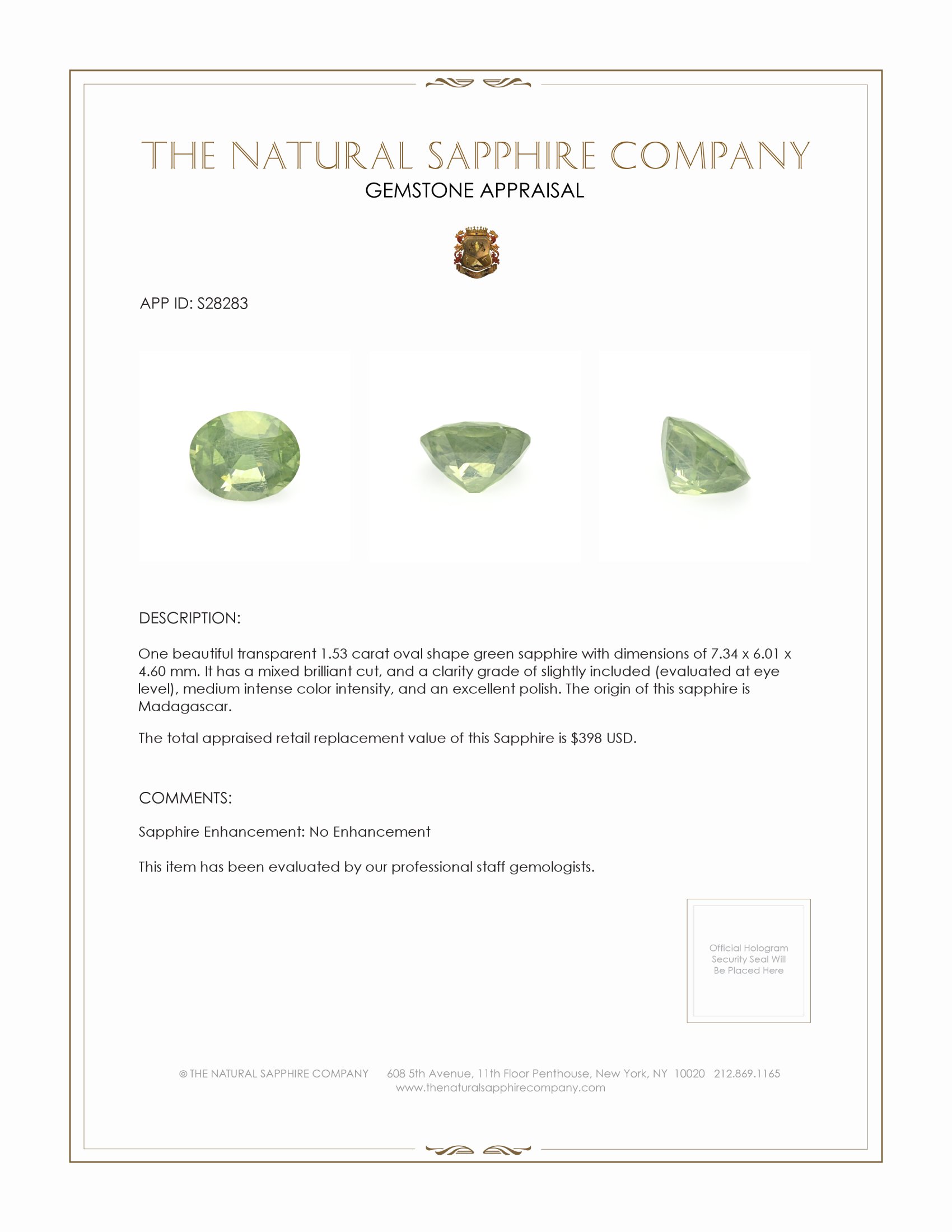 1.53 Ct. Green Sapphire from Madagascar