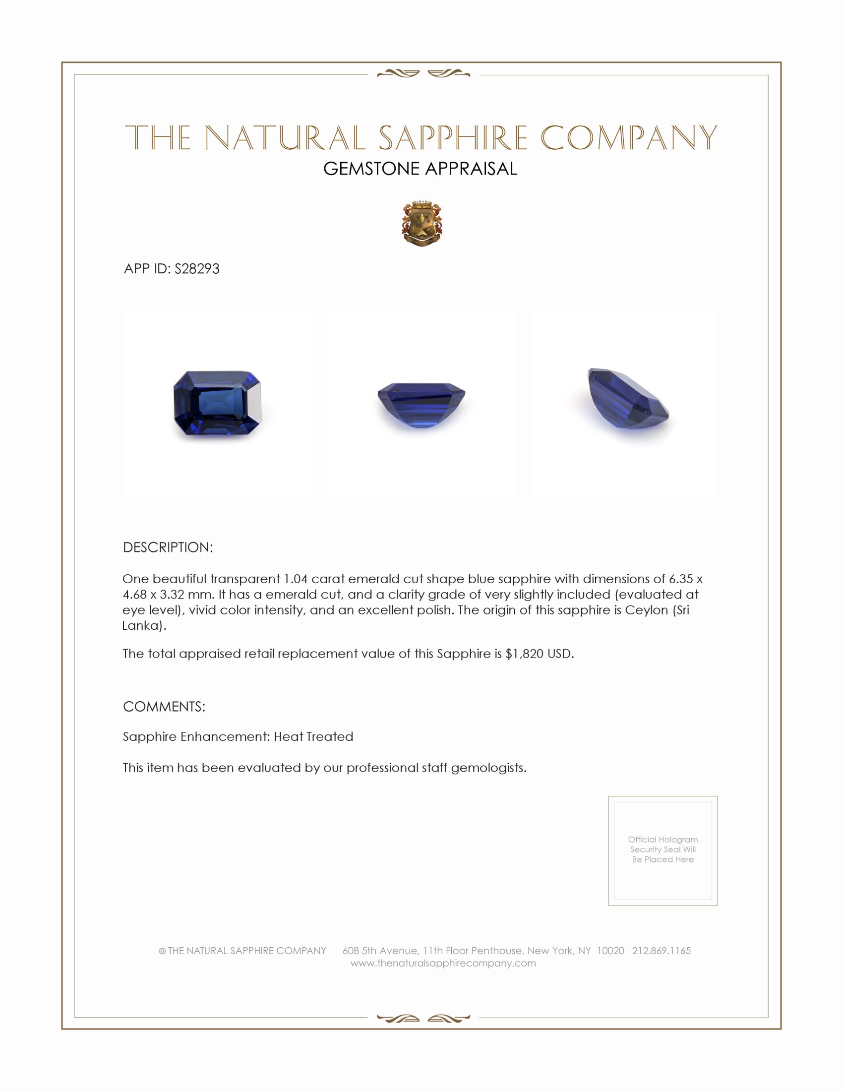 1.04 Ct. Blue Sapphire from Ceylon (Sri Lanka)