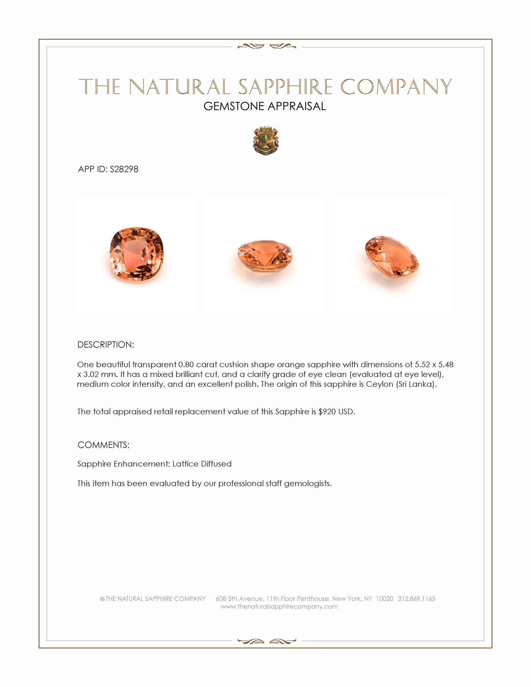 0.80 Ct. Orange Sapphire from Ceylon (Sri Lanka)