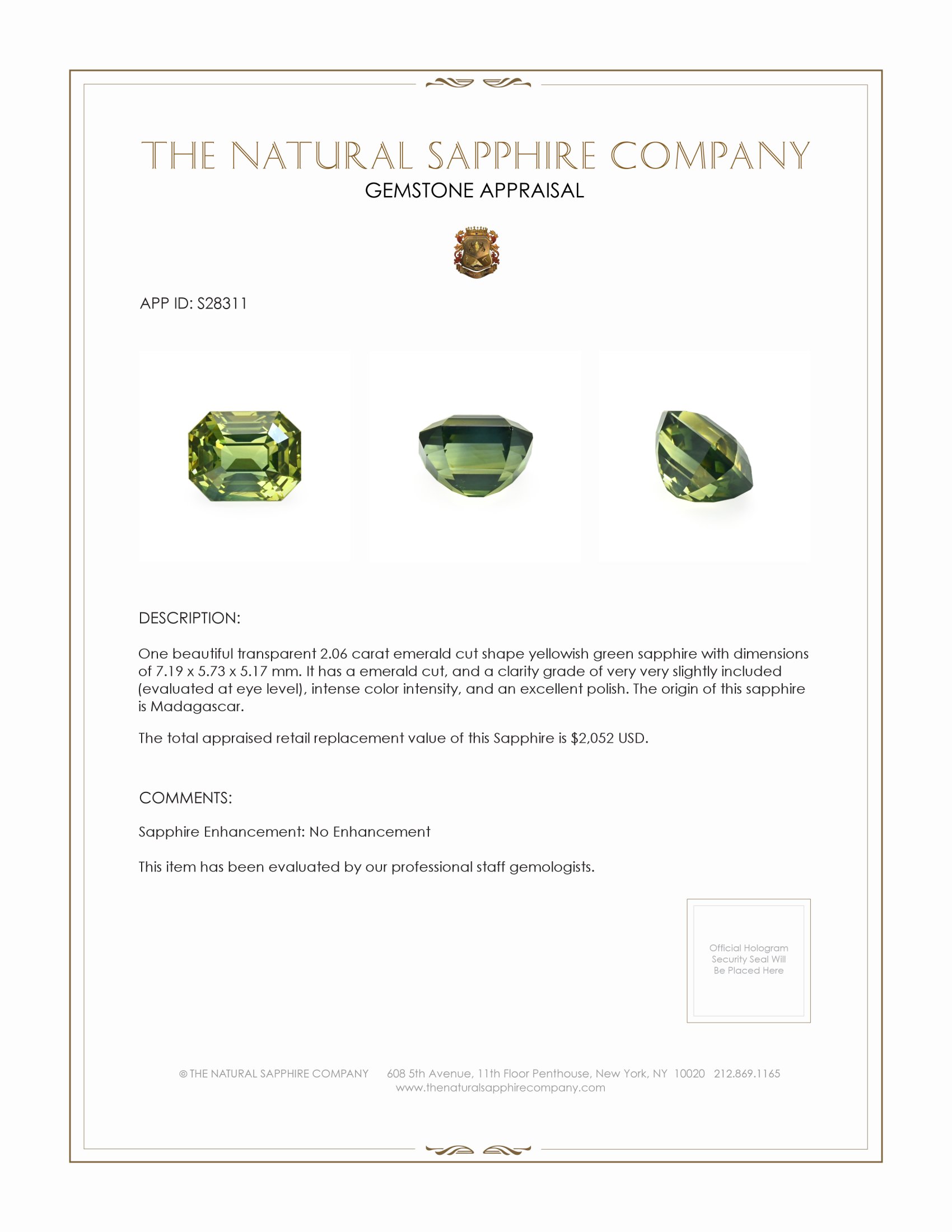 2.06 Ct. Yellowish Green Sapphire from Madagascar