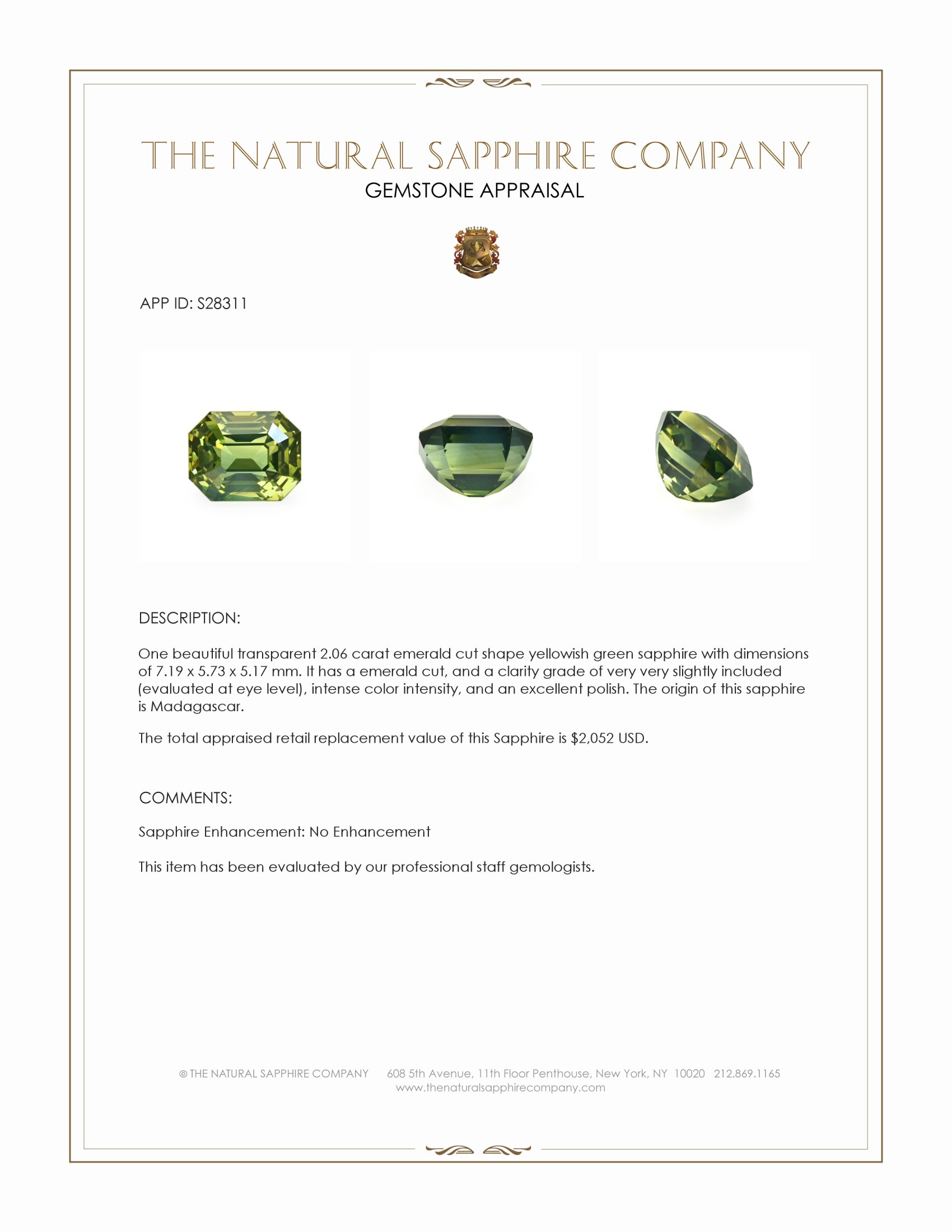 2.06 Ct. Yellowish Green Sapphire from Madagascar