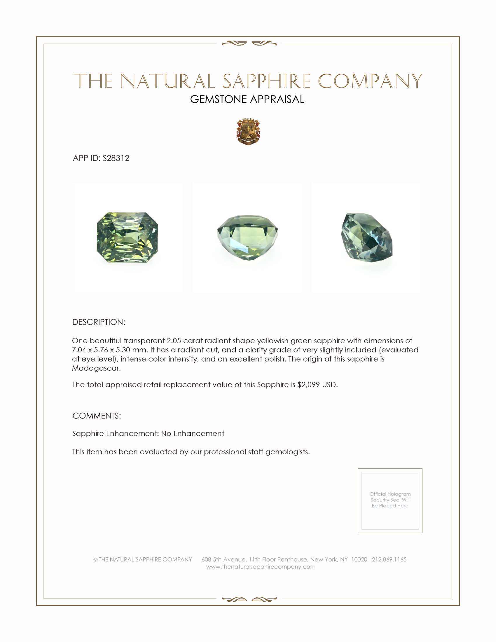 2.02 Ct. Bluish Green Sapphire from Madagascar