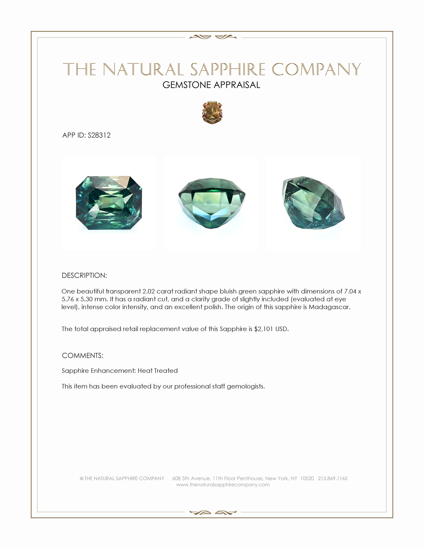 2.02 Ct. Bluish Green Sapphire from Madagascar