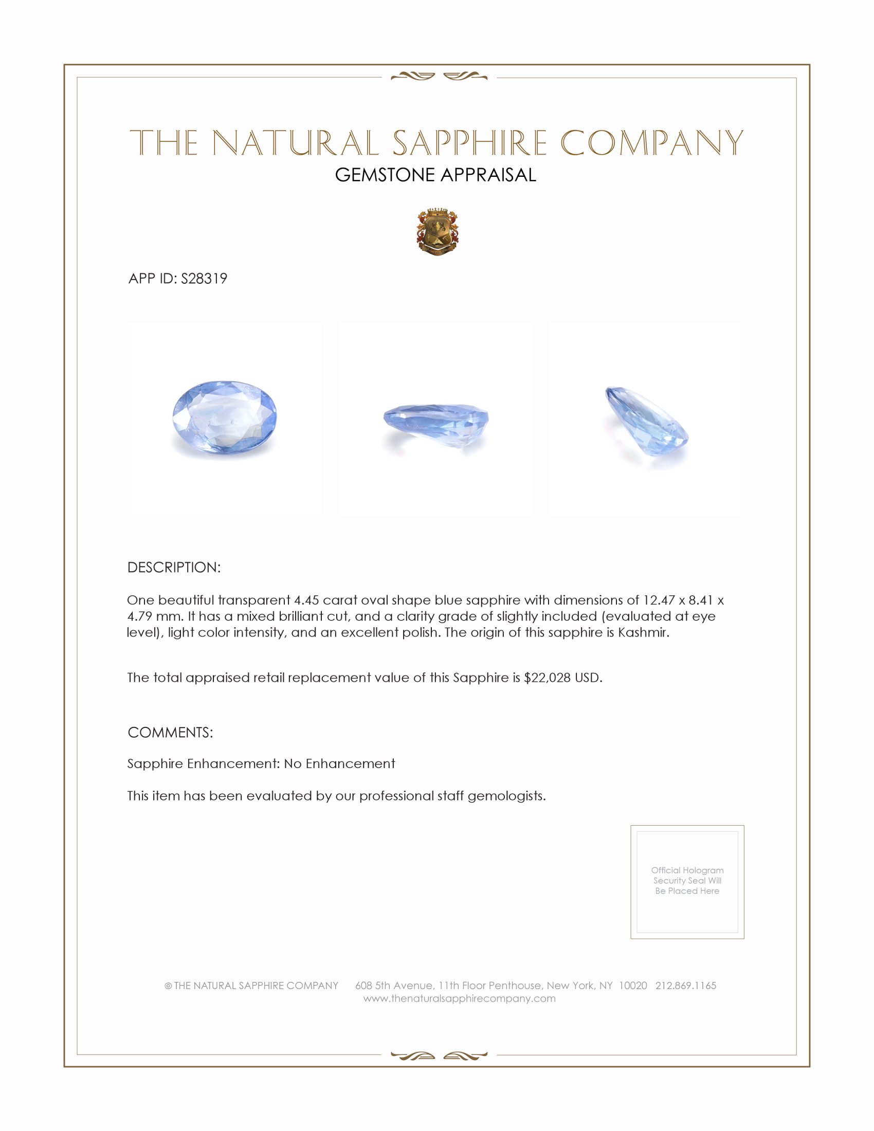 4.45 Ct. Blue Sapphire from Kashmir